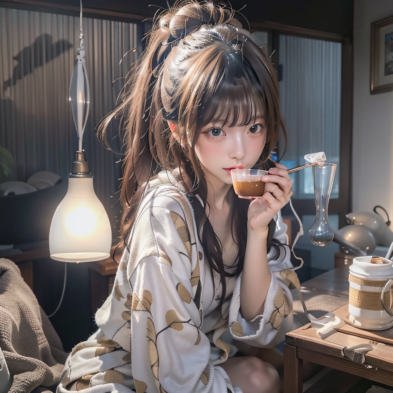 of the highest quality、8K、Photorealsitic:1.4、Raw photography、超A high resolution:1.4、Top image quality: 1.4、absurderes, master piece, Ultra-detailed、A hyper-realistic,1girl in 、Solo、japanaese girl、(((Sareme)))、perfect anatomia、Correct fingers、in night、Sitting alone on the sofa in the living room、Sleepily sipping tea in towel material border pajamas、Looking at Viewer、hair in bun、head shot、Bulb light from above、