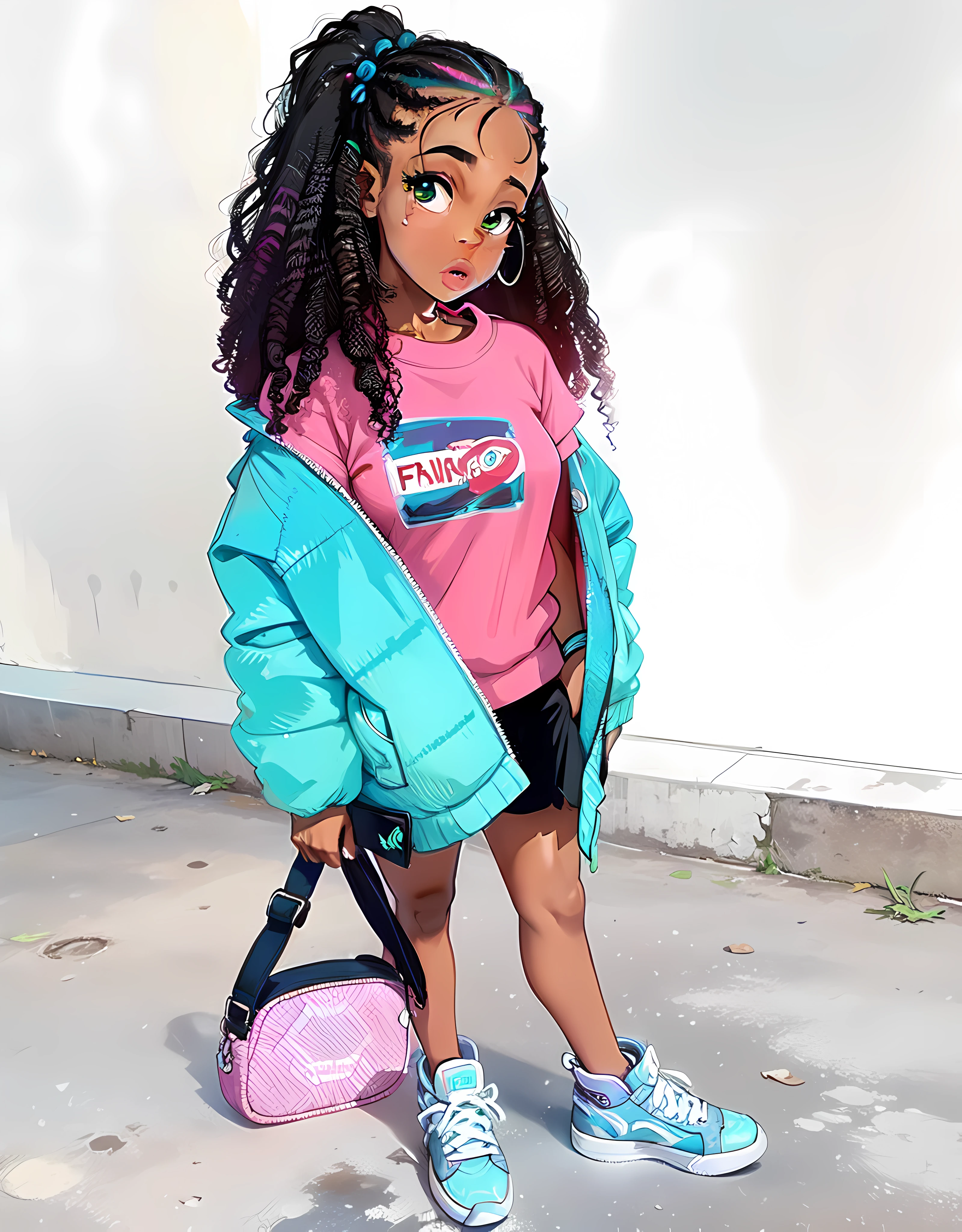 um close up de uma jovem segurando uma bolsa e vestindo uma camisa rosa, she is wearing streetwear, rosa e azul-marinho, katelynn mini estilo bonito, with teal clothes, teal e rosa, pops de cor, roupa colorida, Violeta Myers, turquesa rosa e verde, africana de pele clara, Rapariga, super bonito funky menina, neon vibes