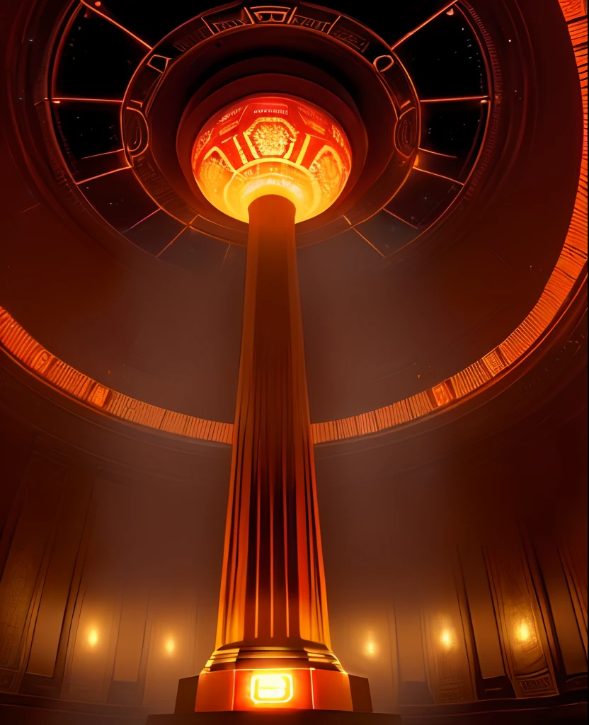 Imagine a clock illuminated in the dark, with a fiery display composed of binary code resembling a glowing magma sphere emitting red and yellow light. This clock is a creation by Dietmar Damerau, designed within a massive Aztec-inspired spaceship, with orange and red lighting creating a mesmerizing atmosphere. The time on the clock reads 3:45, and the room is illuminated by optical caustic and UFO-like lighting, casting a dim, mysterious ambiance. The clock itself features glowing imperial motifs, evoking a Blade Runner-esque aesthetic."