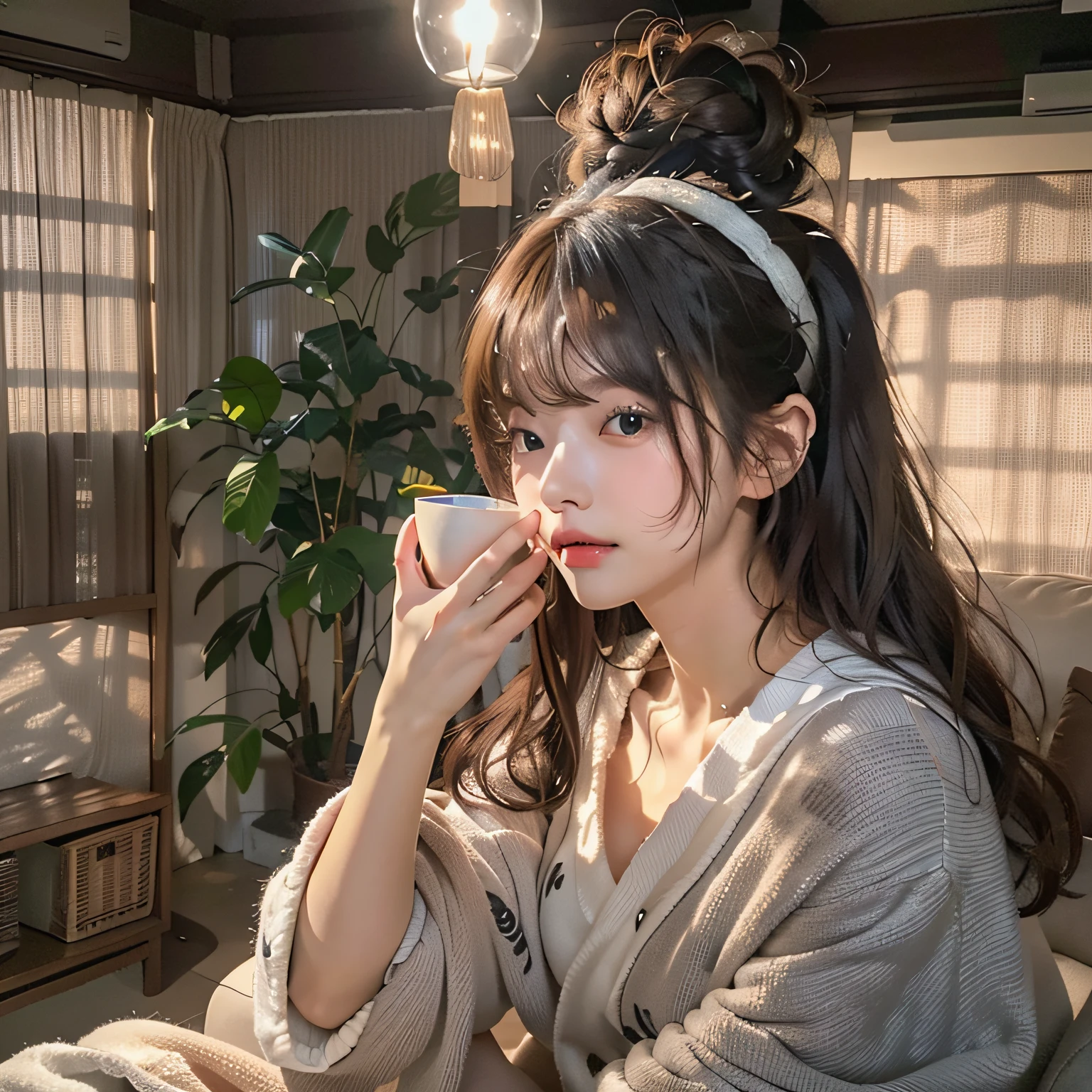 of the highest quality、8K、Photorealsitic:1.4、Raw photography、超A high resolution:1.4、Top image quality: 1.4、absurderes, master piece, Ultra-detailed、A hyper-realistic,1girl in 、Solo、japanaese girl、(((Sareme)))、perfect anatomia、Correct fingers、in night、Sitting alone on the sofa in the living room、Sleepily sipping tea in towel material border pajamas、Looking at Viewer、hair in bun、head shot、Bulb light from above、