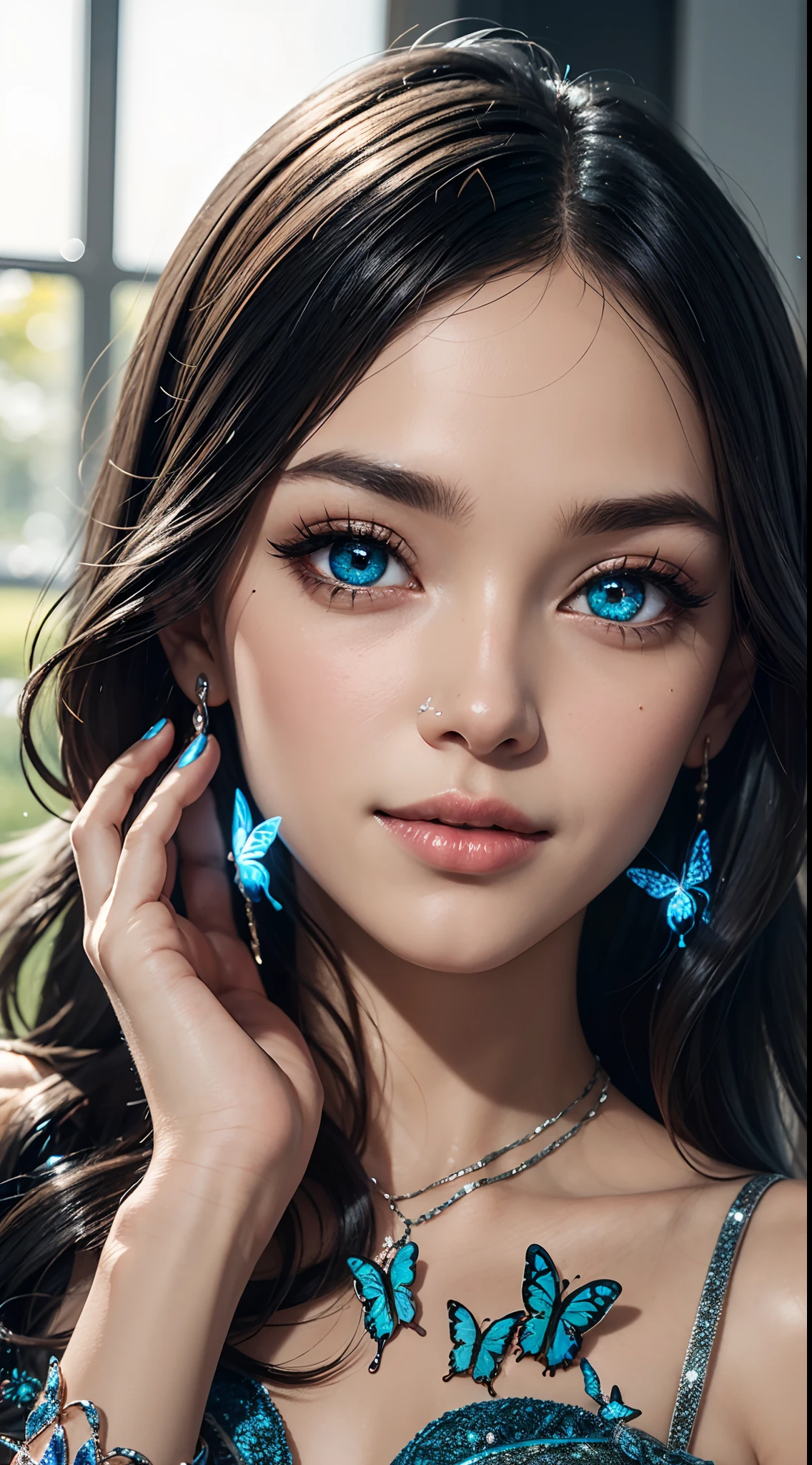 16k high quality wallpapers，Broken glass effect（Detailed eyes,Long eyelashes,Bright and colorful iris,Expressive eyebrows,Blend eyeshadow perfectly,Eyes sparkle,Reflective eyeballs，Heterochromia），（Silver-blue long-haired girl 0.8 lots of hair 1。3 Delicate hair 1。2）,（Long transparent dress，floral patterns：1.4，），（Gorgeous and delicate glowing little butterfly hair ornament，brilliant colorful，Fine engraving，Shine brightly，The attention to detail，The jewelry is of high quality，Extremely high image quality）White Skin Skin，Seductive smile emoji，Close-up shot