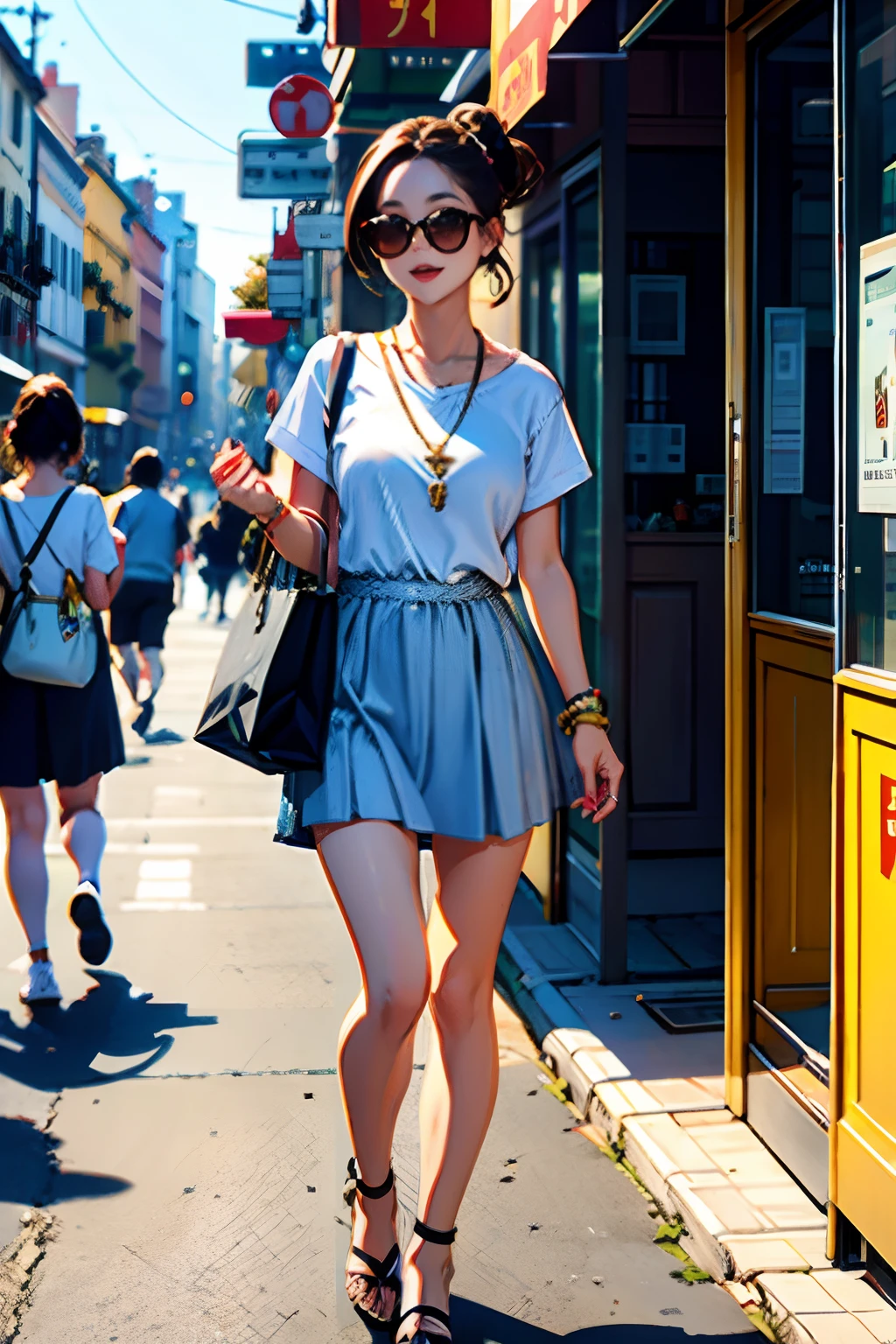 Highly detailed, high quality, masterpiece, 1 woman, walking down the street, shopping bag in both hands, happy expression, brown hair, tied into a messy bun, (casual wear: 1.1), white t-shirt, short skirt, high heels, light makeup, (silver necklace: 1.2), sunglasses on the head, holding flowers, people and storefront in the background, outdoors, sunny day.