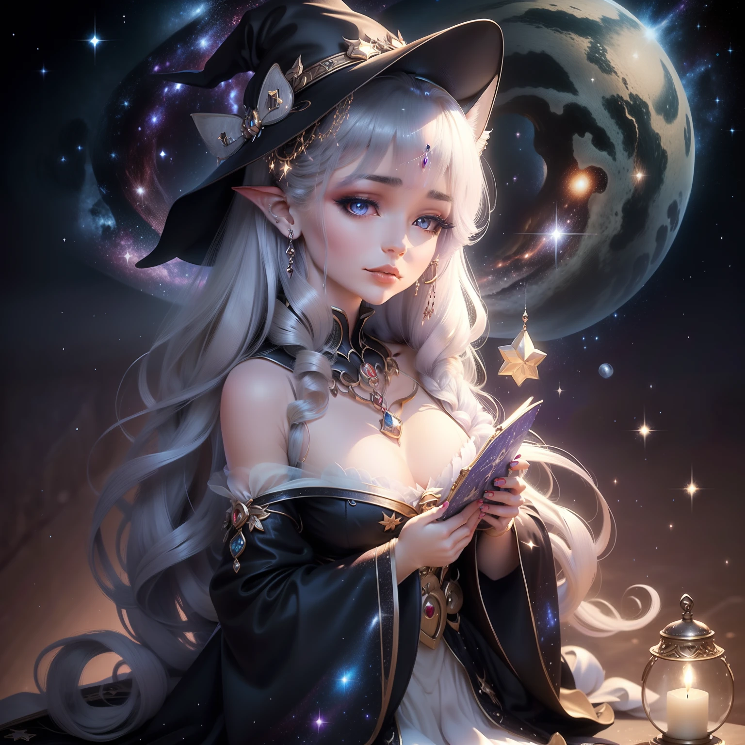 Cute with a cat motif Lots of silver stars and rivers twinkling Glitter and seductive Galaxy like a jewel box You can also see large galaxies and the Milky Way shine beautful view Cute cat-eared witch girl Like a fortuneteller Mysterious
