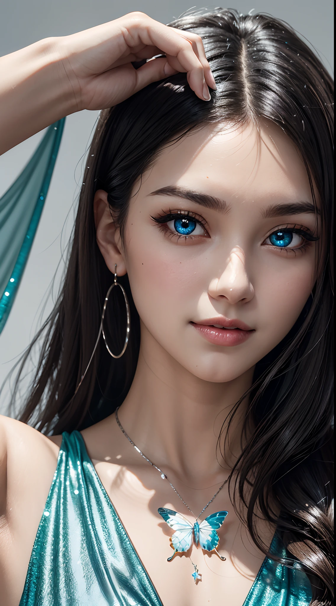 16k high quality wallpapers,Broken glass effect(Detailed eyes,Long eyelashes,Bright and colorful iris,Expressive eyebrows,Blend eyeshadow perfectly,Eyes sparkle,Reflective eyeballs,Heterochromia),(Silver-blue long-haired girl 0.8 lots of hair 1。3 Delicate hair 1。2),(Long transparent dress,floral patterns:1.4,),(Gorgeous and delicate glowing little butterfly hair ornament,brilliant colorful,Fine engraving,Shine brightly,The attention to detail,The jewelry is of high quality,Extremely high image quality)White Skin Skin,Seductive smile emoji,Close-up shot