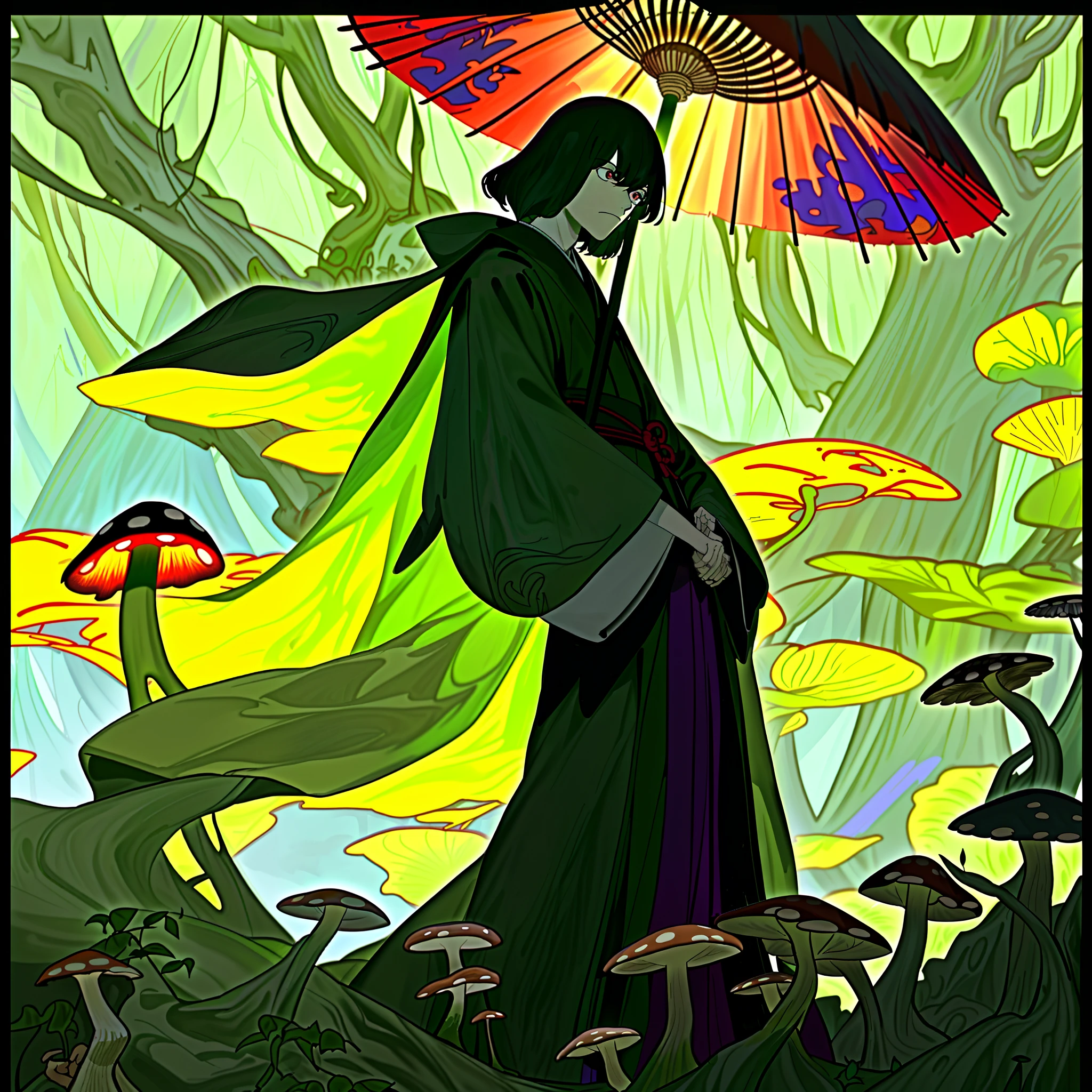 This is a Japanese-style weirdo with the characteristics of a mushroom umbrella cover,(It looks like a mushroom umbrella cover,But it's actually a cloak:1.3),It's tall,Have strong muscles,Use fists and feet as weapons,(/Its arms are crossed with dark green vines:1.3/),(//The strange man mentioned was a monk wearing a cloak and robes:1.4//),Posture of live meditation。Break!。in the darkness nigth, Humid Black Forest,(The roots of the tree are staggered,There are quite a few mushrooms growing:1.3),(Purple mud covered with mycelium:1.3),(The canopy shades the sun,Only a small amount of light shines on the earth piecemeal through the gaps between the leaves:1.3)。The atmosphere should feel oppressive,There is an image of not being angry and self-threatening,Excellent enemy characters,master piece,8K wallpaper,