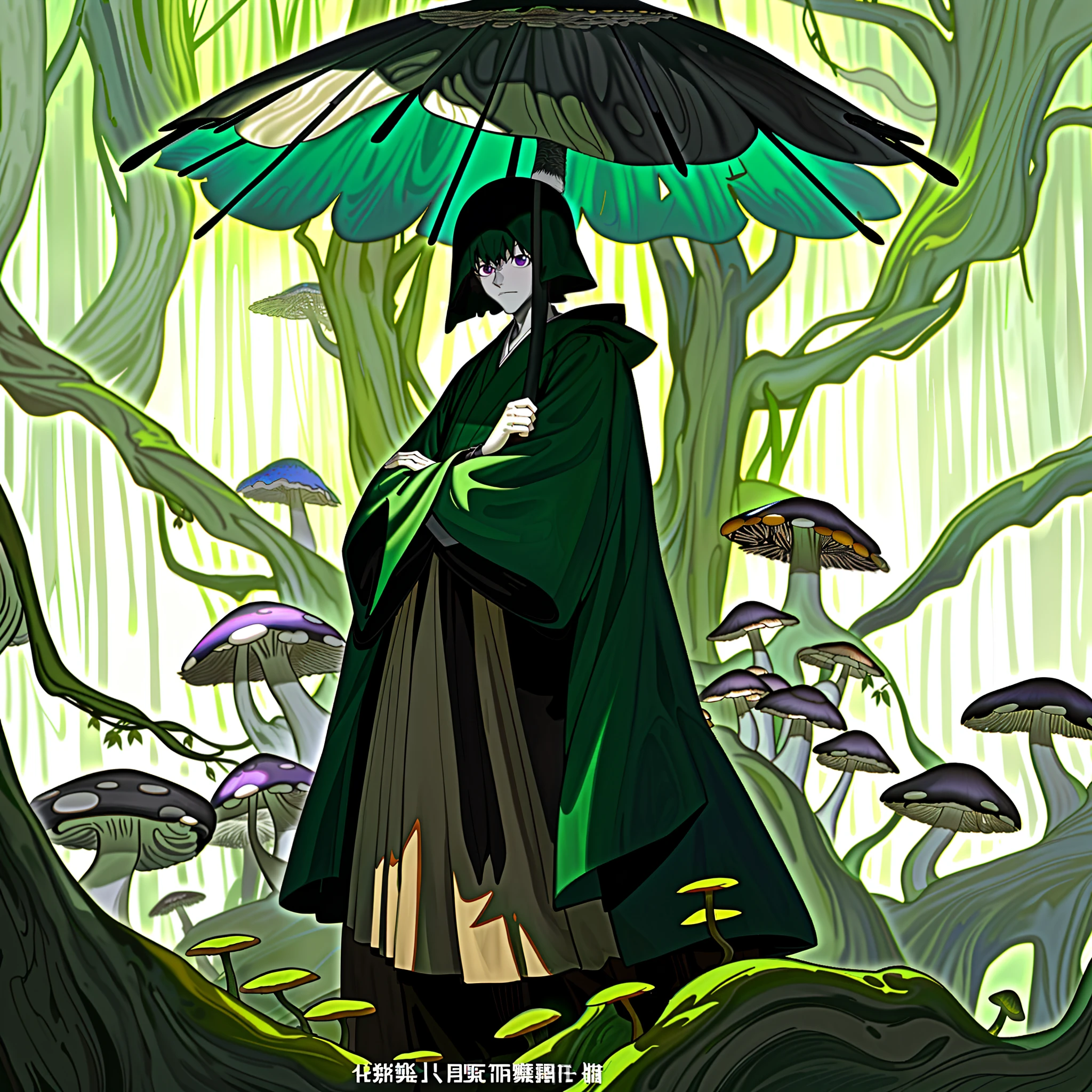 This is a Japanese-style weirdo with the characteristics of a mushroom umbrella cover,(It looks like a mushroom umbrella cover,But it's actually a cloak:1.3),It's tall,Have strong muscles,Use fists and feet as weapons,(/Its arms are crossed with dark green vines:1.3/),(//The strange man mentioned was a monk wearing a cloak and robes:1.4//),Posture of live meditation。Break!。in the darkness nigth, Humid Black Forest,(The roots of the tree are staggered,There are quite a few mushrooms growing:1.3),(Purple mud covered with mycelium:1.3),(The canopy shades the sun,Only a small amount of light shines on the earth piecemeal through the gaps between the leaves:1.3)。The atmosphere should feel oppressive,There is an image of not being angry and self-threatening,Excellent enemy characters,master piece,8K wallpaper,