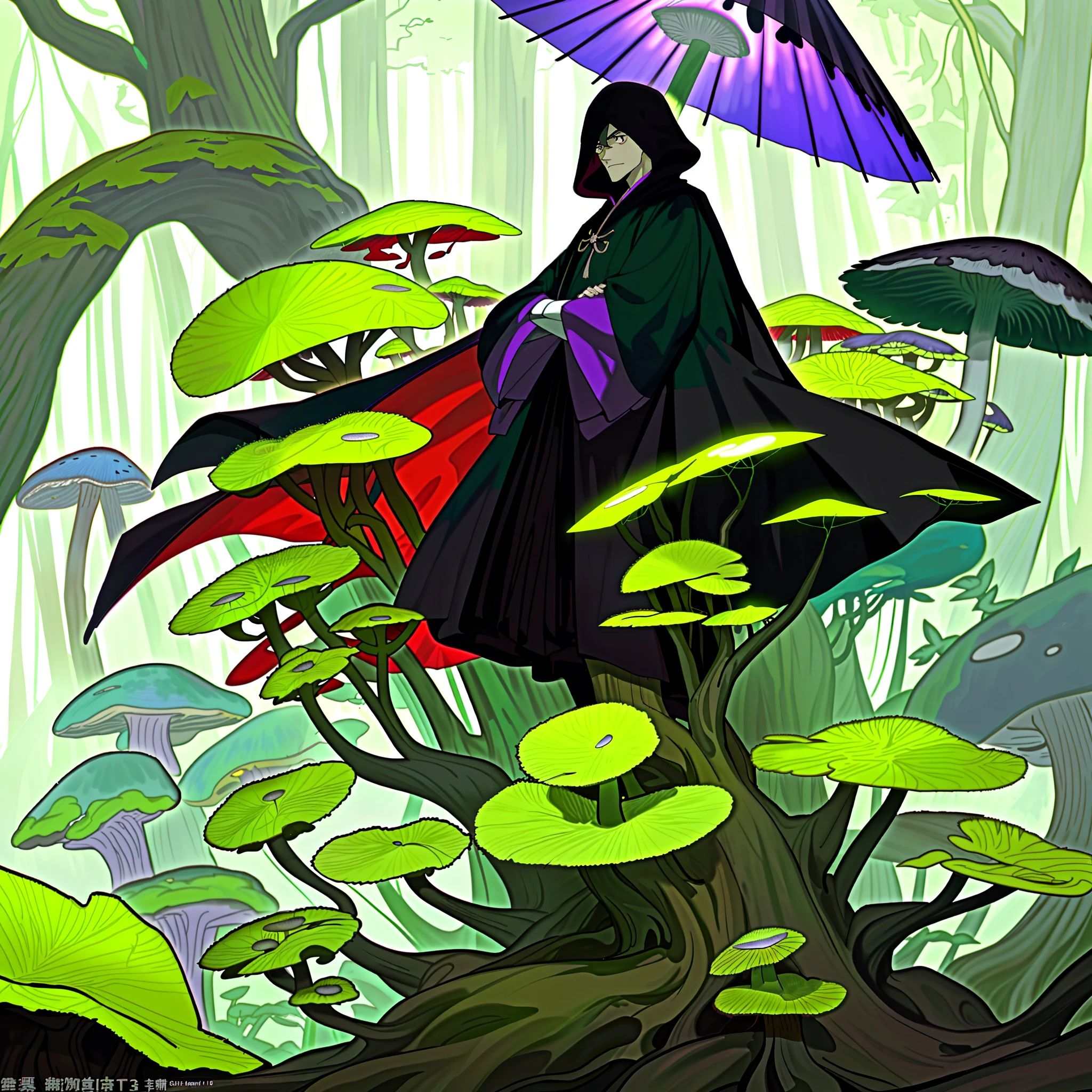 This is a Japanese-style weirdo with the characteristics of a mushroom umbrella cover,(It looks like a mushroom umbrella cover，But it's actually a cloak：1.3)，It's tall,Have strong muscles,Use fists and feet as weapons,(/Its arms are crossed with dark green vines：1.3/),(//The strange man mentioned was a monk wearing a cloak and robes：1.4//),Posture of live meditation。Break!。in the darkness nigth, Humid Black Forest,(The roots of the tree are staggered，There are quite a few mushrooms growing：1.3),(Purple mud covered with mycelium：1.3),(The canopy shades the sun,Only a small amount of light shines on the earth piecemeal through the gaps between the leaves：1.3)。The atmosphere should feel oppressive，There is an image of not being angry and self-threatening,Excellent enemy characters,​master piece,8K wallpaper,