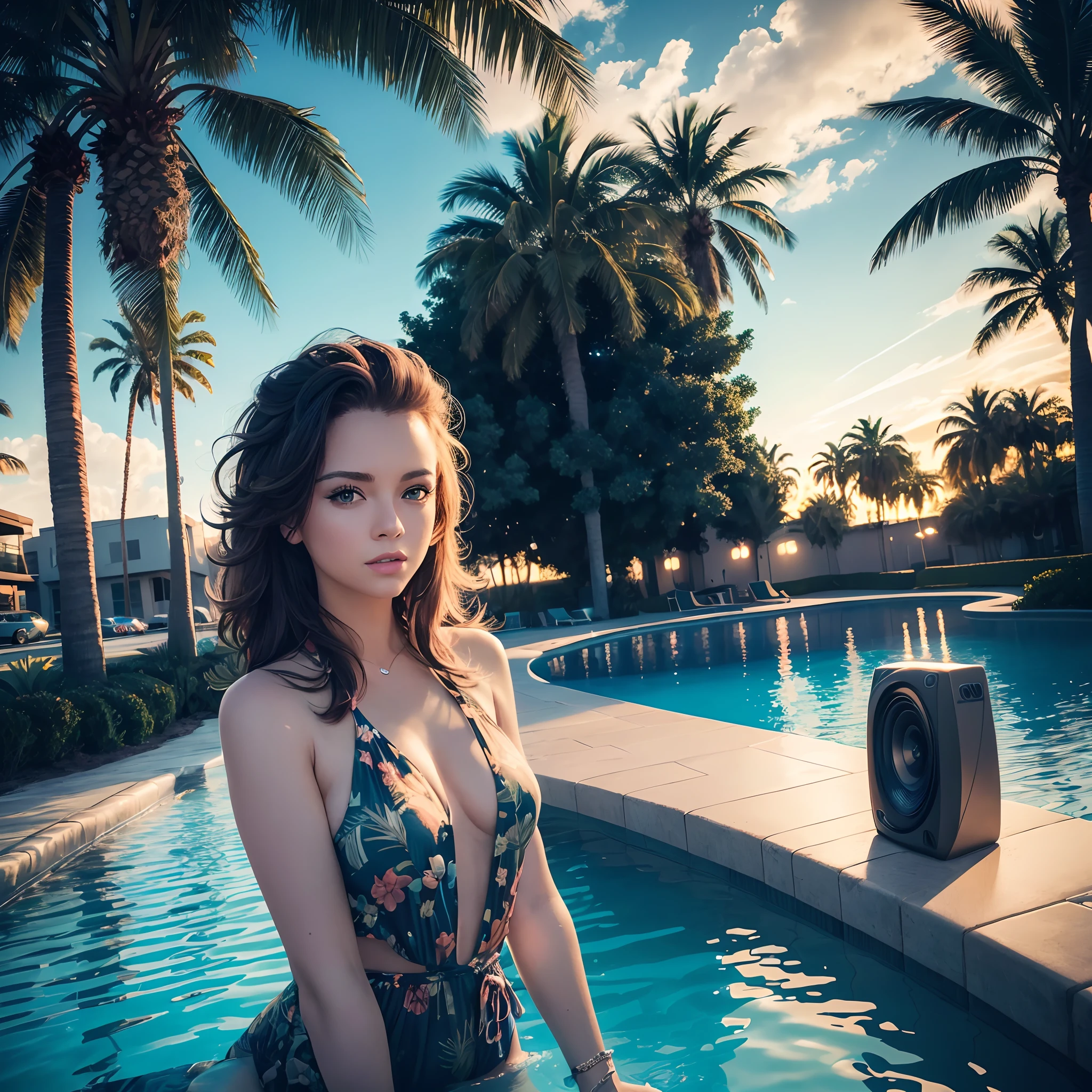 80s music album cover, palm trees, night, swimming pool, ((Best quality, 8K, Masterpiece:1.3)))
