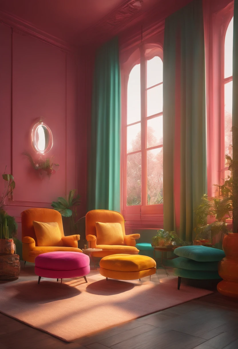 brightly colored chairs and ottomans in a brightly colored room, inspired by Mike Winkelmann, in the art style of filip hodas, with cinematic colour palette, by Mike Winkelmann, inspired by Filip Hodas, 3 d render beeple, beeple |, beeple rendering, in style of beeple, perfect maximalistic composition