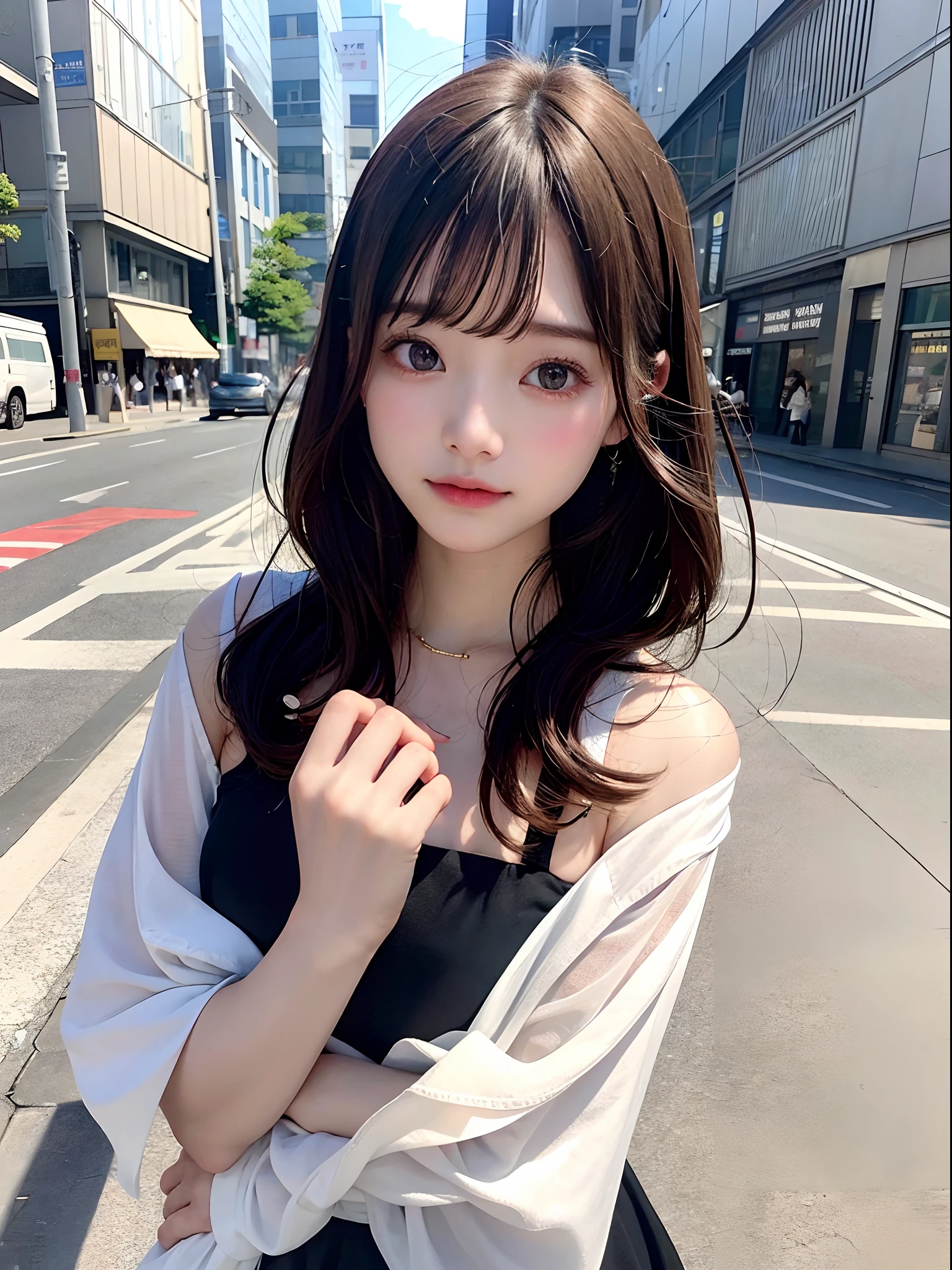 A close up of a woman with long hair standing on a street - SeaArt AI