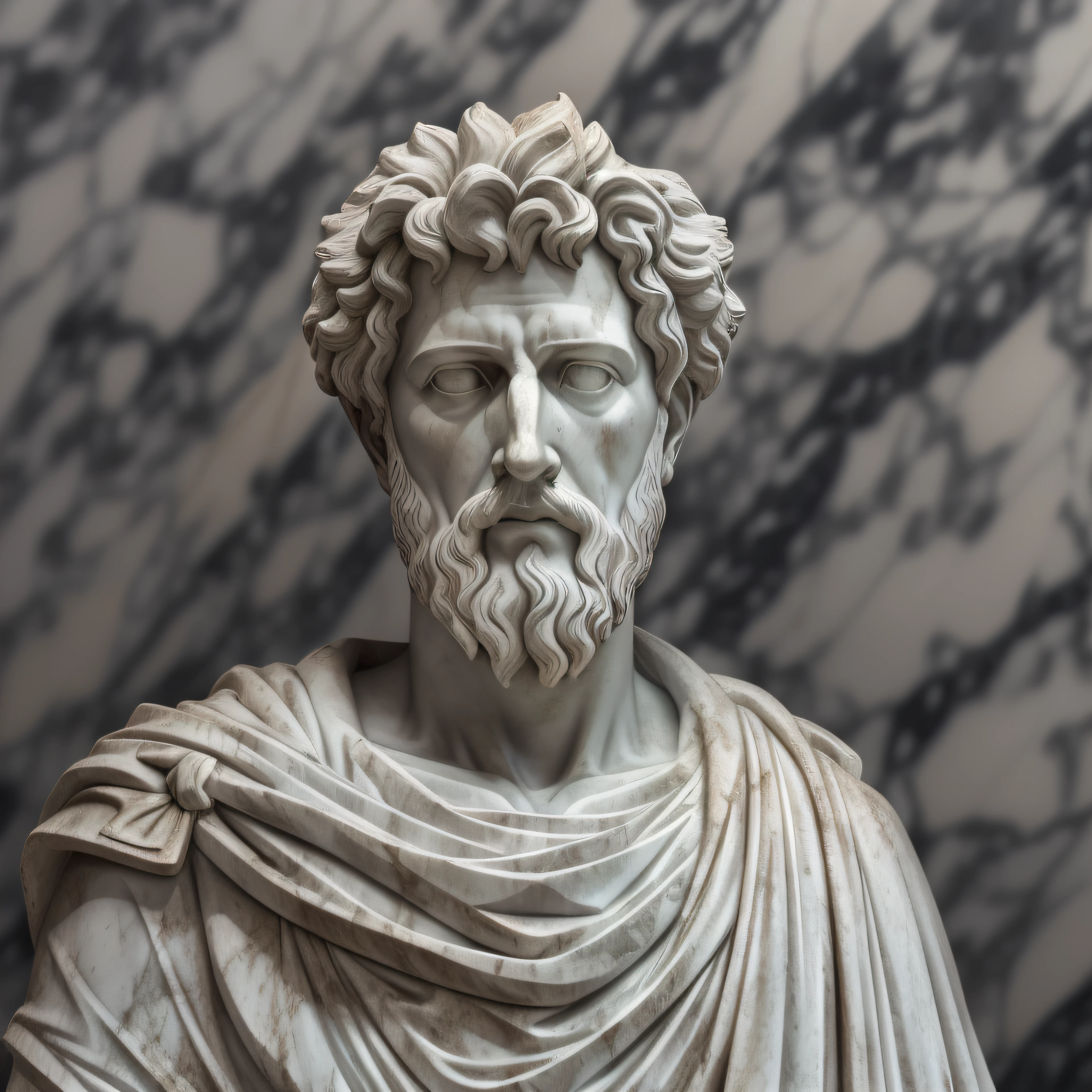 A realistic white marble statue of Marcus Aurelius carefully detailed wearing a ghostly toga, fundo preto, Moody, fotorrealista, Jantar de cinema atencioso, super detalhada, Hiper realista, luzes brilhantes, 8 mil