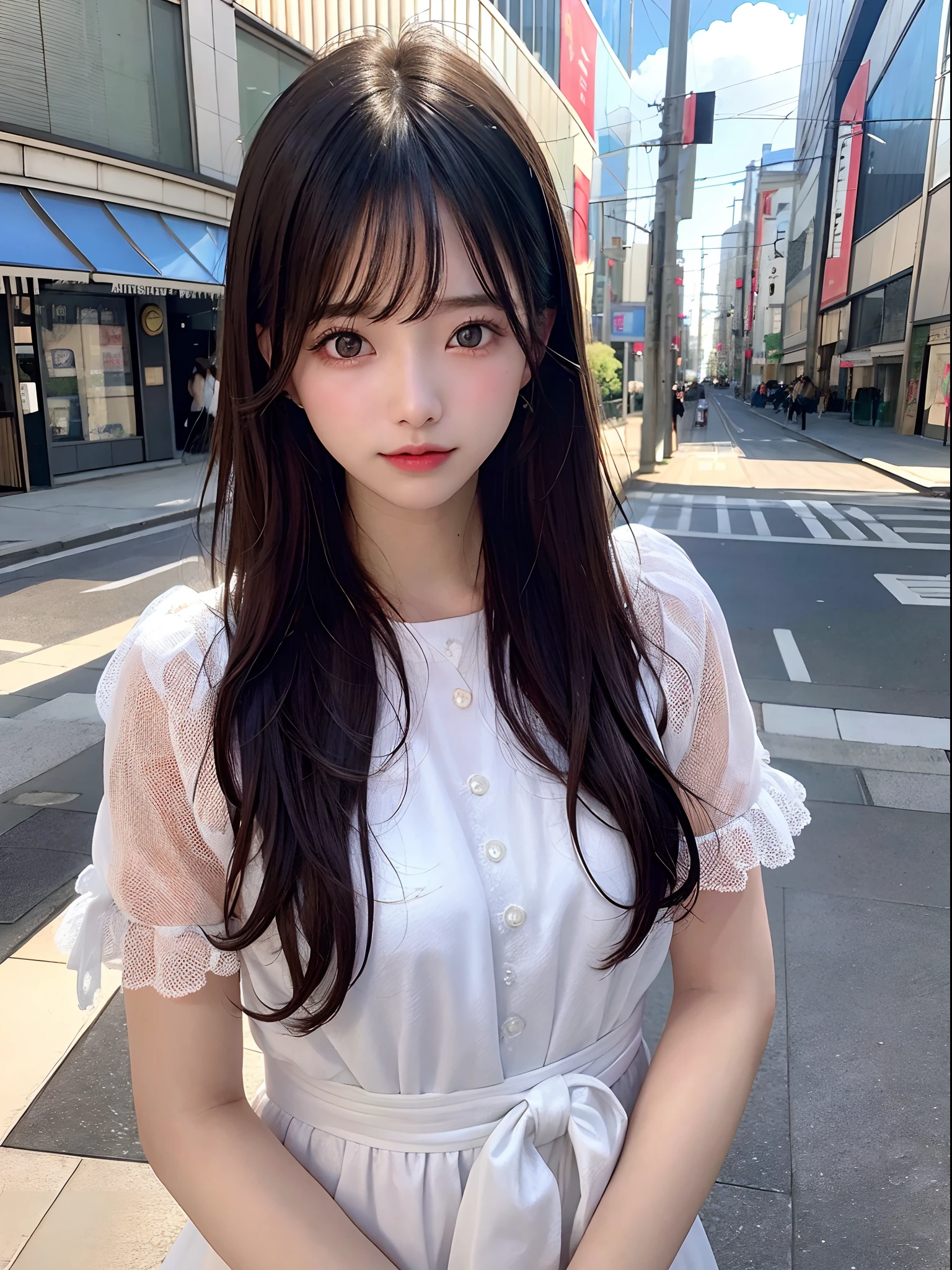 1girl in、in 8K、Raw photography、top-quality、masterpiece、realisitic、Photorealsitic、1girl in、Daytown、Pulling photo、de pele branca、Longhaire、Sheer sunlight、The city of Tokyo、pretty skin、Front photo