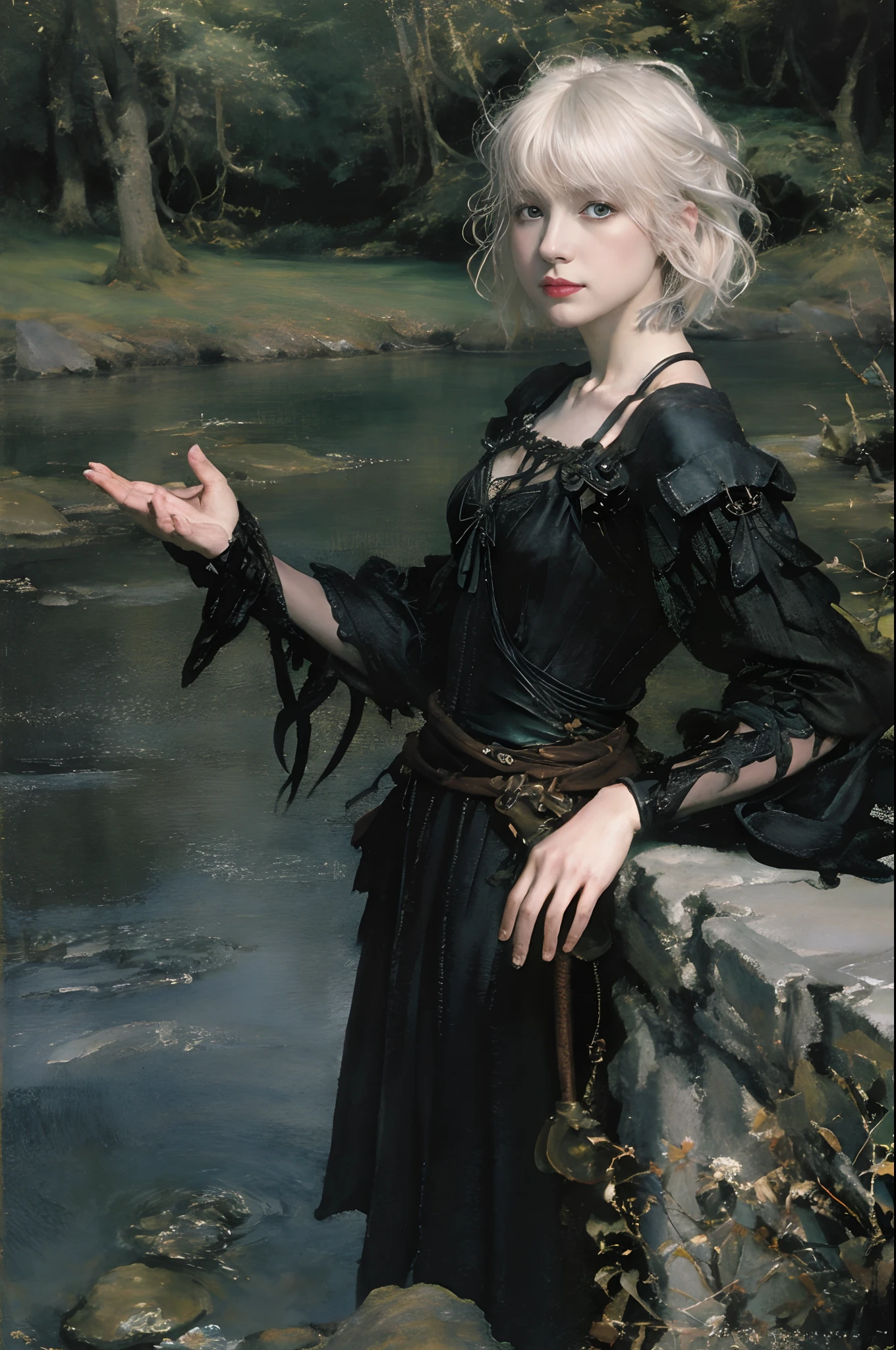 Top image quality、masterpiece、watercolor paiting、Arthur Rackham's style、Aerial perspective、thirds rule、Norse man1People Beautiful Girl、slightly smaller eyes、Pretty small face、Light makeup、Platinum blonde short hair、middlebreasts、Black Gloves、Long Sleeve Gothic Dress、Hiding legs、On the banks of the springs、the woods、borgar、cumulonimbus clouds