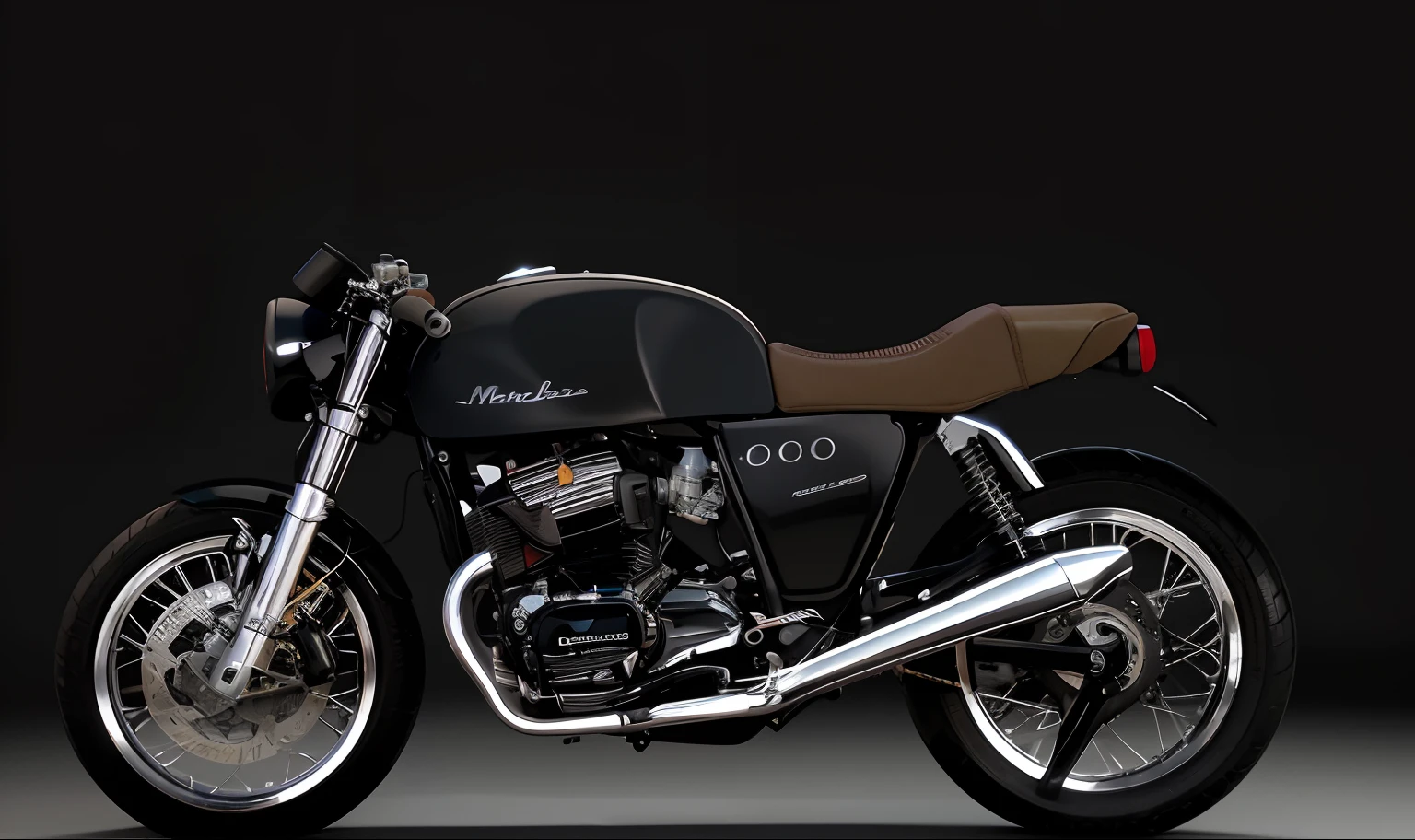 motocicleta  com um assento marrom e assento preto em um fundo preto, cafe racer, Prestarização 3D", 1 9 6 0 s café racer, inspirado em Hiroshi Honda, inspirado em Ueda Fumito, 2 d prestarização, 2 0 1 4, Photographic Lending, 2014, QG ", prestar, Product Delivery, prestarização digital, Super realistic high definition image against the backdrop of 1970s aesthetics, imagem deve evocar nostalgia. Melhore a atmosfera com um ambiente onde o passado e o presente coexistem perfeitamente.