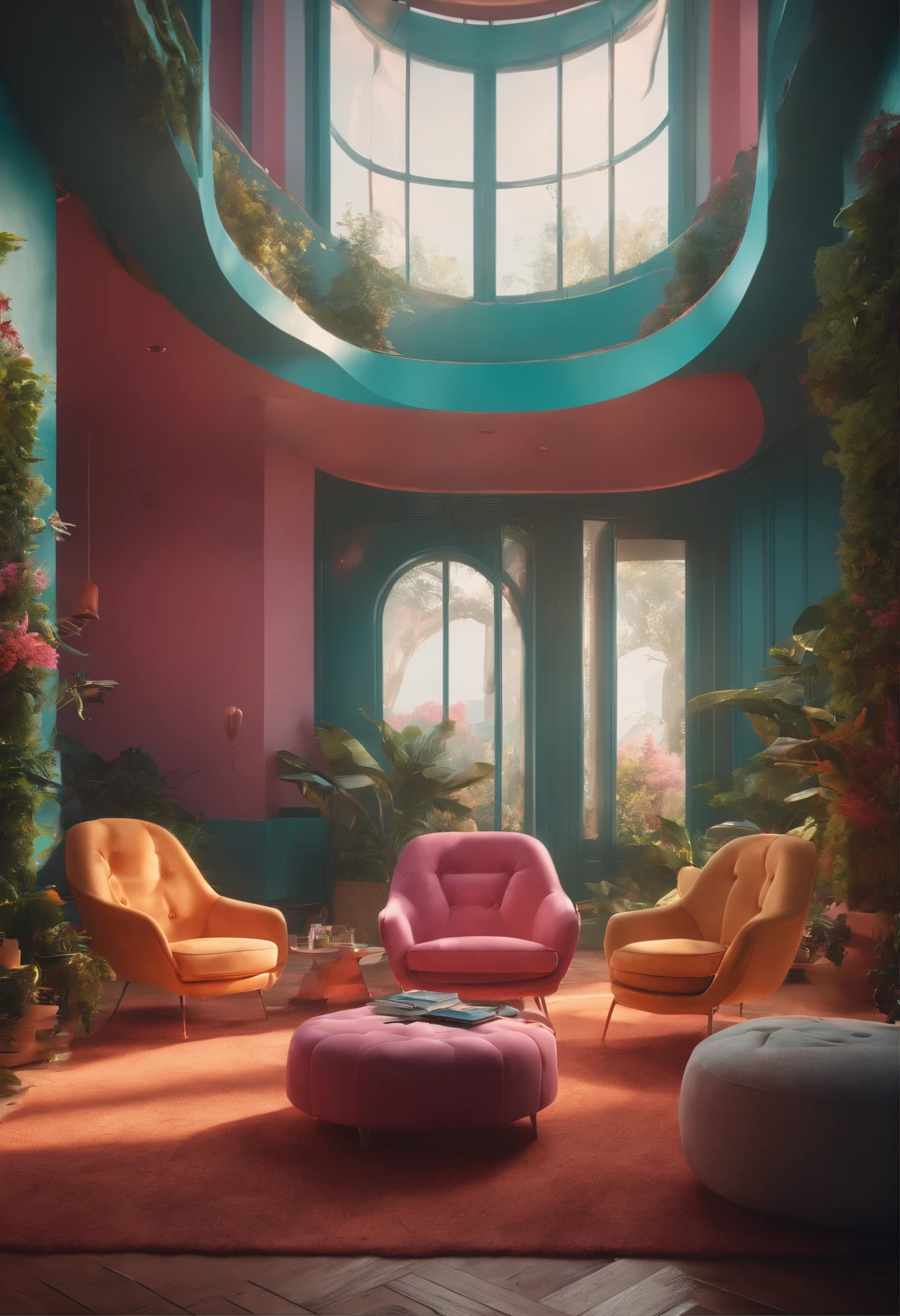 brightly colored chairs and ottomans in a brightly colored room, inspired by Mike Winkelmann, in the art style of filip hodas, with cinematic colour palette, by Mike Winkelmann, inspired by Filip Hodas, 3 d render beeple, beeple |, beeple rendering, in style of beeple, perfect maximalistic composition