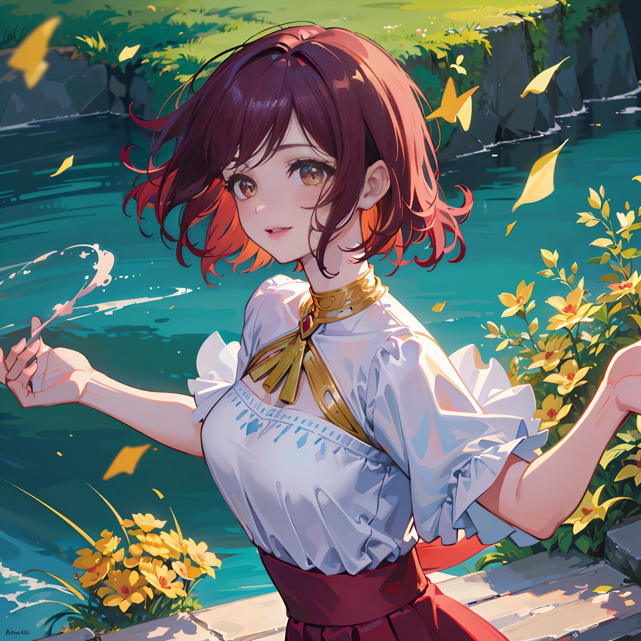 (best quality,4k,8k,highres,masterpiece:1.2),ultra-detailed,realistic:1.37, Close View:1.15, Official Art, Beautifully Aesthetic:1.2, (girl), (short hair), (red hair), laughing, (elegant), (cheerful expression), (joyful mood), (colorful background), (vibrant colors), (soft lighting), (peaceful atmosphere), (lively ambiance), (lush surroundings), (delicate brushstrokes), (detailed features), (expressive eyes), (rosy cheeks), (lovely lips), , (stylish clothing), (modern fashion), (dynamic pose), (captivating gaze), (natural beauty), (playful personality), (heartwarming composition), (harmonious elements), (positive energy), (uplifting feeling), (storybook-like), (fantasy touch), (capturing the moment), (artistic representation), (joyful celebration), (inspiring artwork).