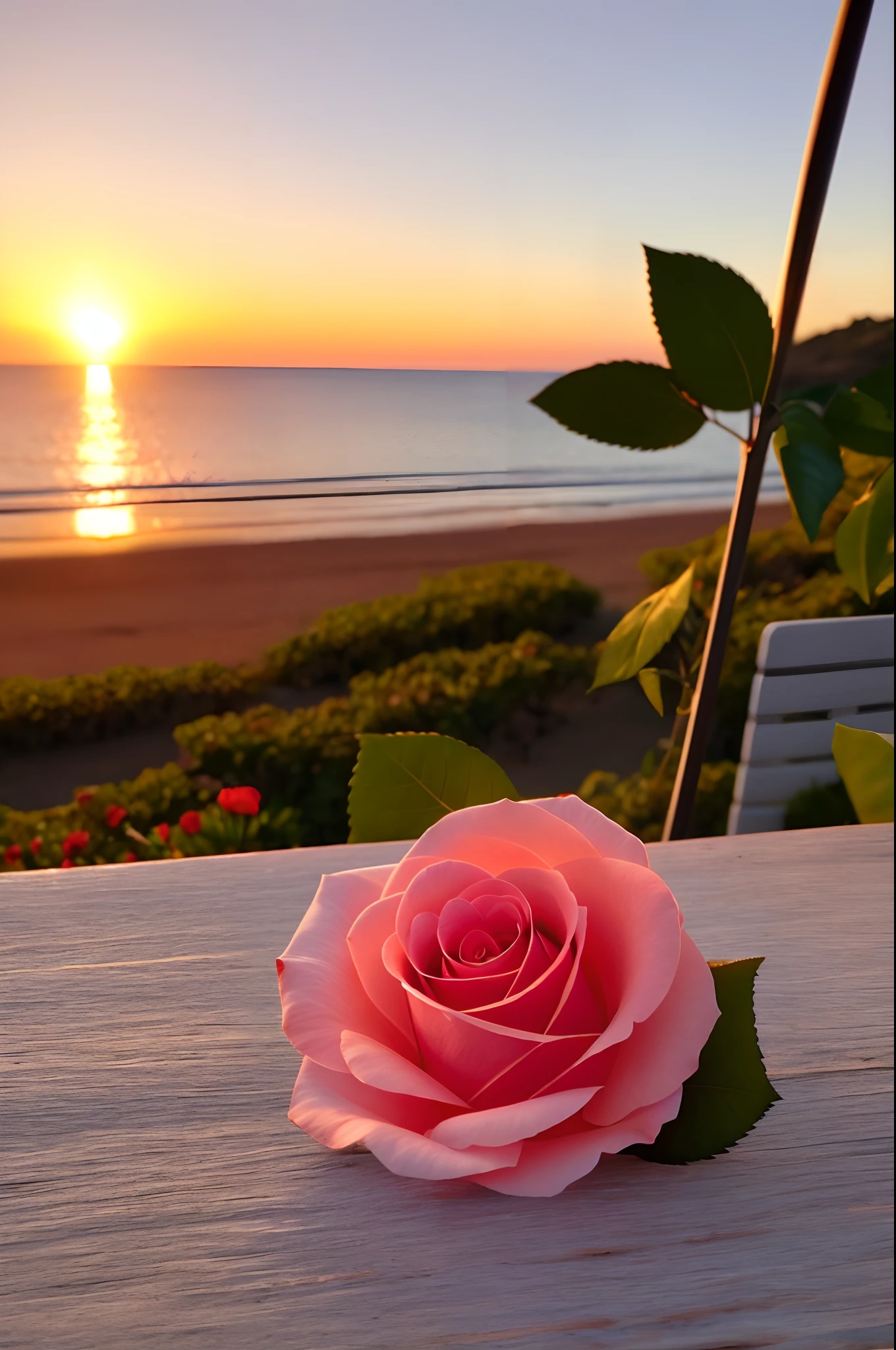 Close-up shot, a rose flower, the background is the gorgeous sunset by the sea, real texture, warm