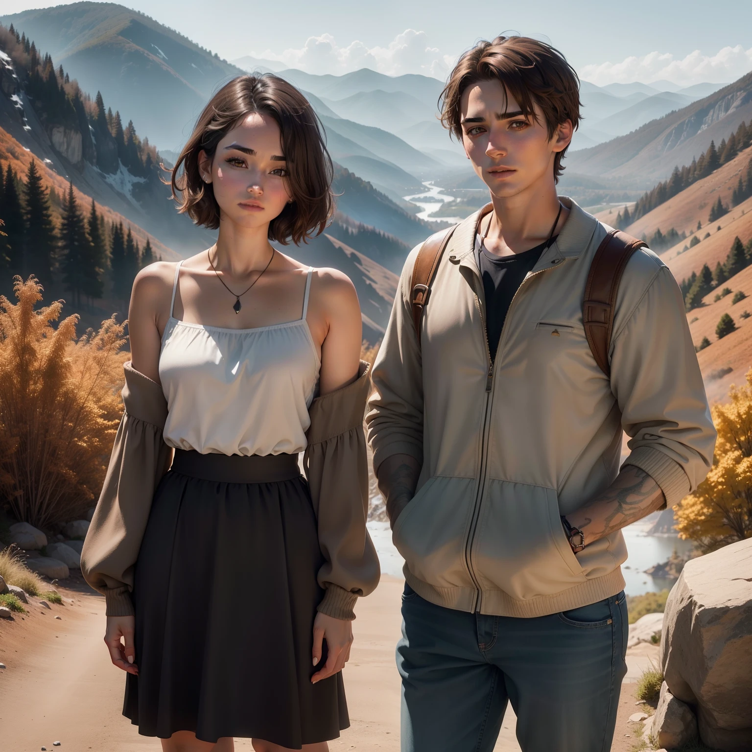 A woman with short brown hair about shoulder length and beautiful brown eyes standing next to a man with dishwater blonde hair and hazel eyes. Standing in front of some mountains in West Virginia