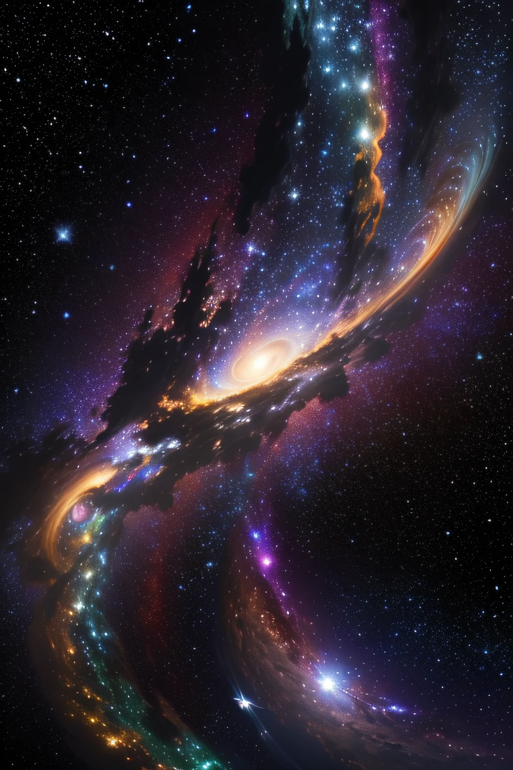 Galaxy in center, white, blue and purple glow, bright white light, deep purple and blue background, countless small stars, golden constellations, earth in upper right, blue and green colors, Mars in lower left, red colors, comet in upper left, yellow and white, motion and speed, black hole in lower right, light distortion, 8K, AI art,.