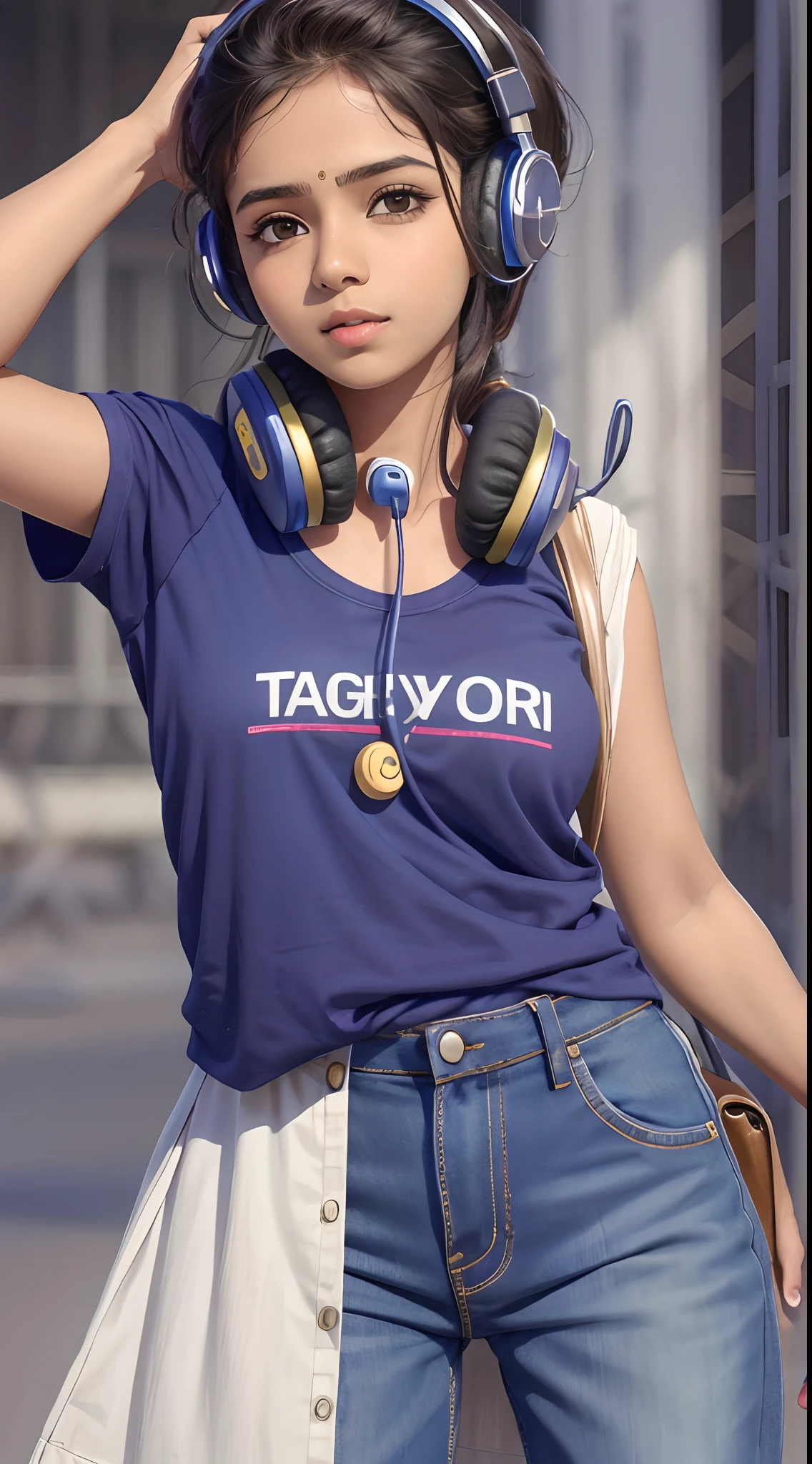 Tamil girl in t shirt and jean with headphones around the neck in hyper realistic image --auto