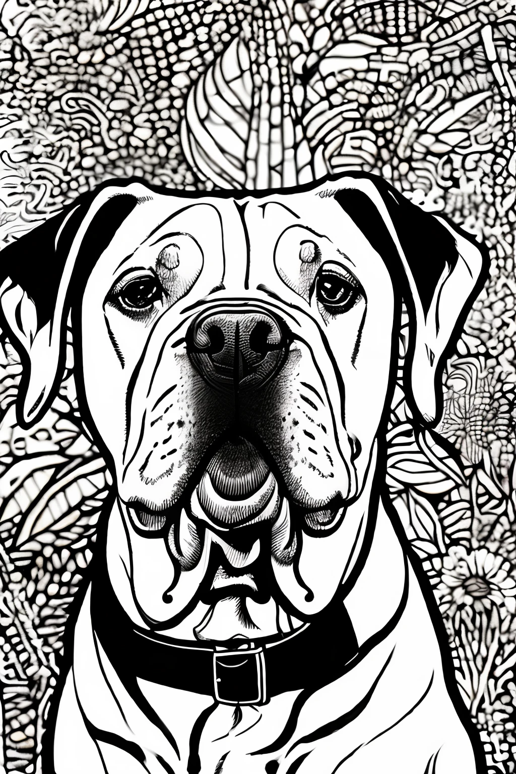 Coloring book of a dog Dogo Argentino, estilo dos desenhos animados, linhas grossas, sem cor, fundo branco, Apenas linhas