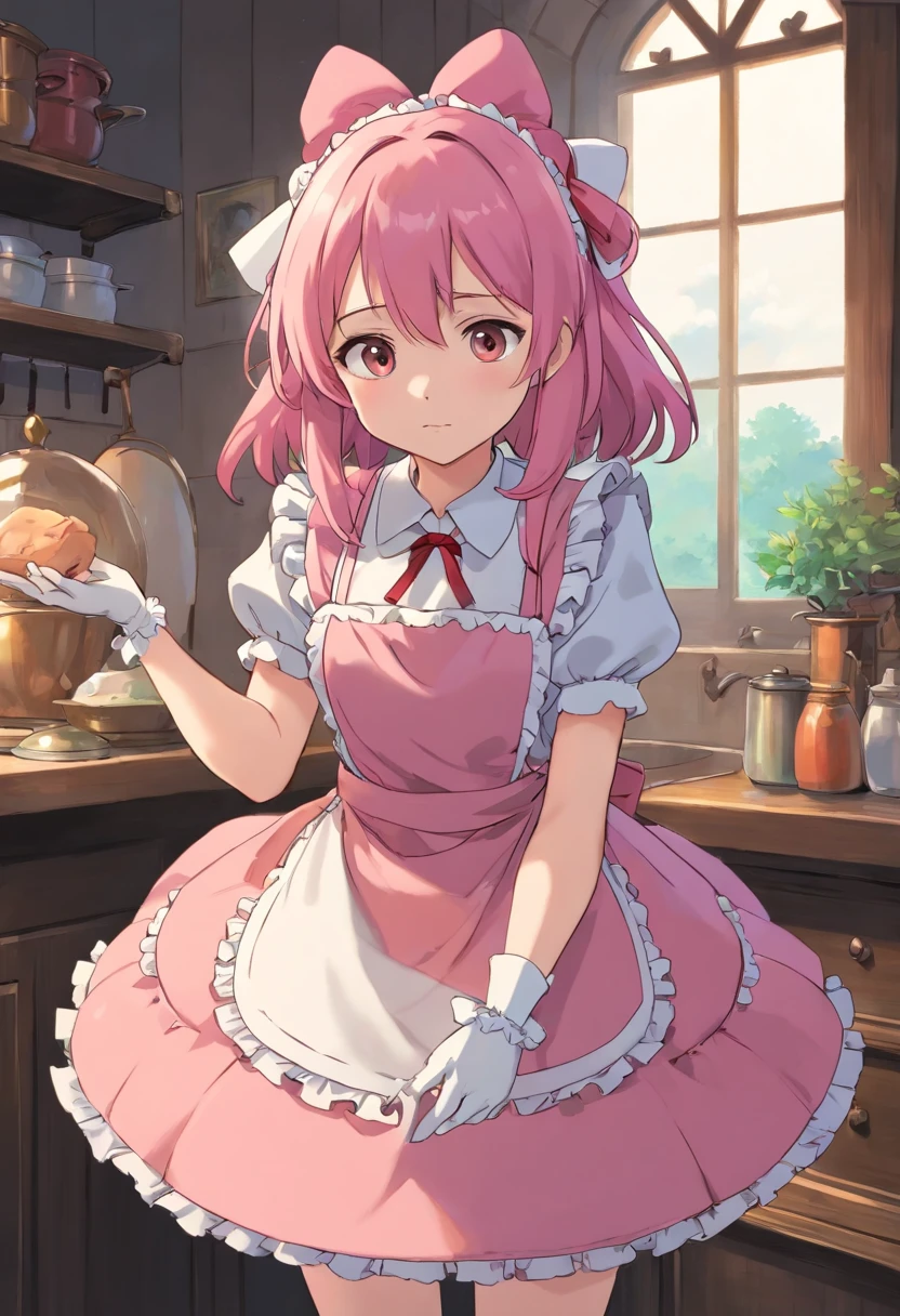 1girl, apron, bow, cube hair ornament, dress, frills, gloom (expression), hair ornament, heart, heart hands, long hair, looking away, maid, maid apron, maid headdress, mary janes, one side up, pink hair, shaded face, shoes, short dress, solo, sweatdrop, thighhighs, white thighhighs, zettai ryouiki,