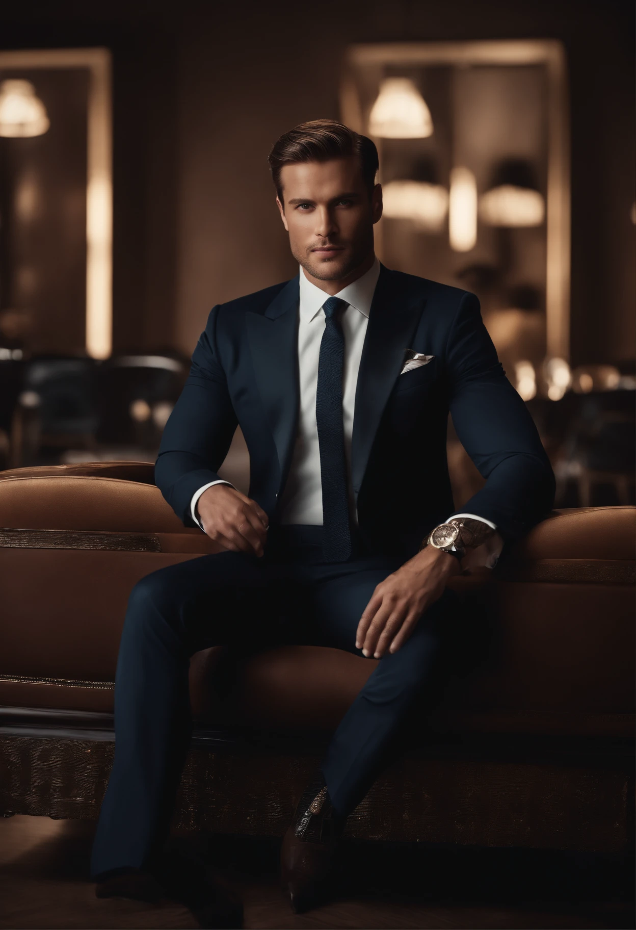 Create a stunning AI artwork that captures the essence of a confident and charismatic multimillionaire dressed in an impeccably tailored suit, set against a backdrop that reflects opulence and success. Infuse the artwork with a sense of power, elegance, and sophistication, using your creative AI techniques to bring this vision to life