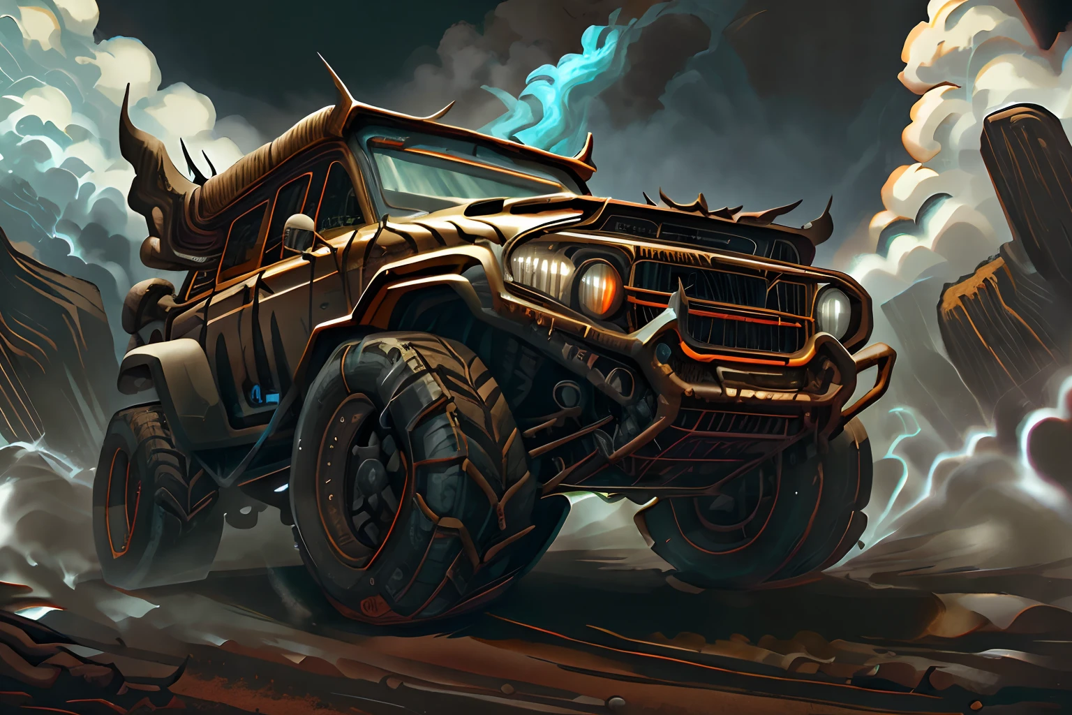 Create a cinematic, filmic image 4k, 8k with [George Miller's Mad Max style]. The image should be captured in a [wide-angle view] and depict [single] a [post-apocalyptic]  V8 [muscle car]. The car's paint is a [black] covered in a spots of [rust] and thin layer of smooth [dust] and [dirt], making it appear [rugged] and [gritty] but with visible [black color]
The car's body should be [sleek] and [aerodynamic], giving it a [low] and [aggressive] stance that conveys [power] and [speed]. The front of the car should feature a [distinctive] front nose cone with [rectangular lights] that adds to its [intimidating] appearance. The car's wheels should be [large] and [sturdy], with [thick] tires that can handle the [rough] terrain of the [post-apocalyptic] wasteland. The rims should be made of [durable] metal with a [unique design] that showcases the car's [individuality].
In addition, the car should have [eight exhaust side pipes]. The car should also feature a Weiand 6-71 [supercharger] mounted on the hood, protruding through the bonnet.
Car should be designed to look both [powerful] and [functional], built to withstand the [harsh] conditions of the [post-apocalyptic] wasteland.
The image should be [ultra-realistic], with [high-resolution] captured in [natural light]. The lighting should create [soft shadows] and showcase the [raw] and [vibrant colors] of the car. The image should be a highly-detailed photography set in a [post-nuclear], [fallout] like setting, conveying a sense of [danger] and [grittiness]. The final image should be a [masterpiece], with a [realistic portrayal] of the Interceptor that is both [intimidating] and [awe-inspiring]. Background should contain [empty desert highway], image takes place before the storm, with the [hot summer sun] still shining brightly in the sky, but in the distance, the sky is a [dark and foreboding shade of blue], hinting at an impending storm