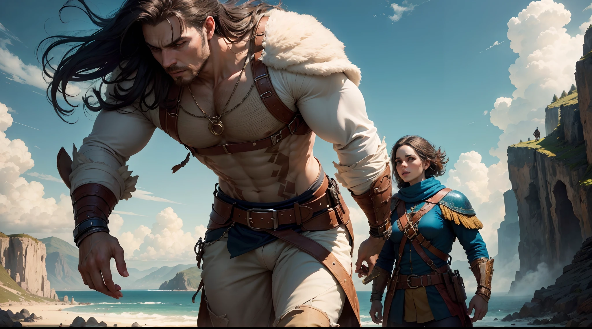 imagine a man and woman epic in Heroic who live proudly and freely in a beautiful landscape masterpiece, best quality, ultra-detailed, energy, realism, culture, middle ground, background, perspective, light, color, texture, detail, beauty, wonder.