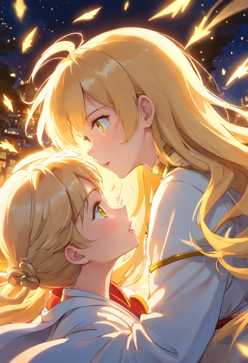 a girl and a boy, (kiss), flowing golden blonde hair, yellow eyes, golden imperial outfit, low neckline, anime, clear sky with twinkling lights, dynamic angle, arrogant laughter, love, (best quality, 4k, highres:1.2), ultra-detailed, (photoreal