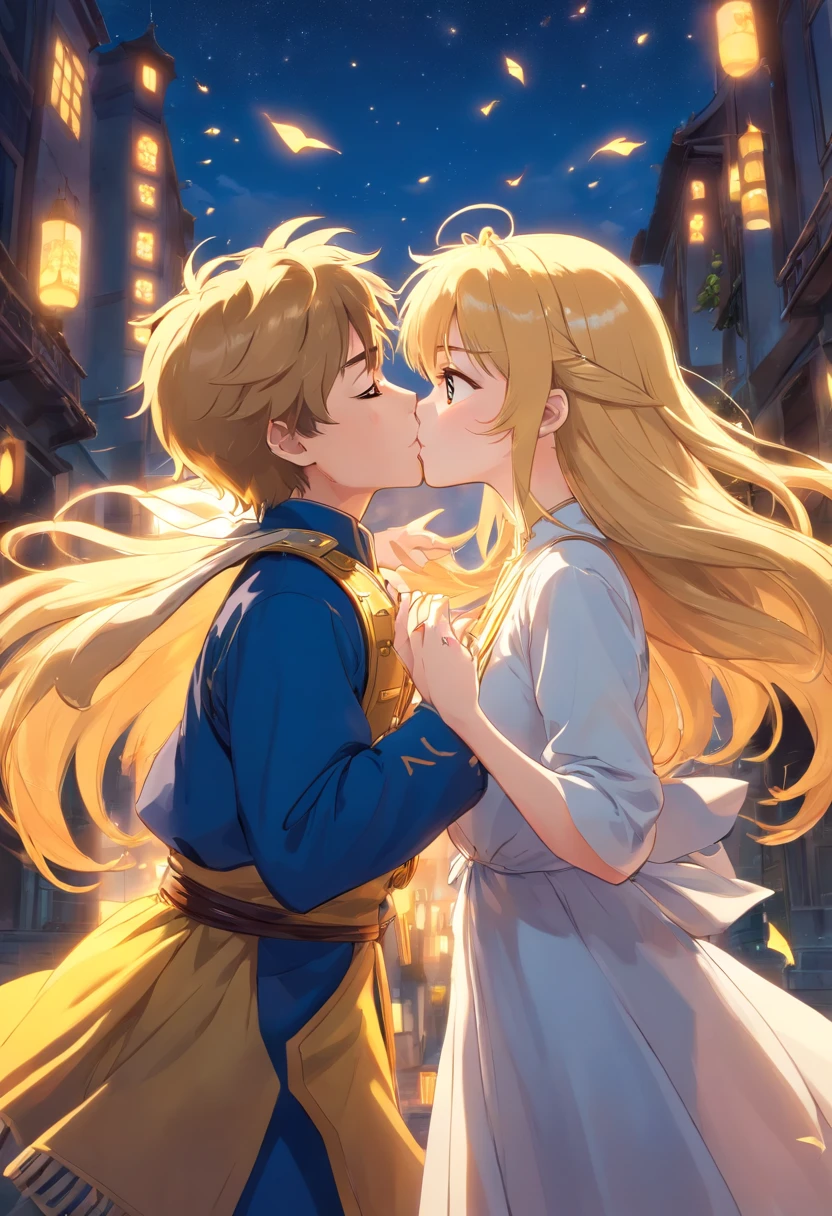 a girl and a boy, (kiss), flowing golden blonde hair, yellow eyes, golden imperial outfit, low neckline, anime, clear sky with twinkling lights, dynamic angle, arrogant laughter, love, (best quality, 4k, highres:1.2), ultra-detailed, (photoreal