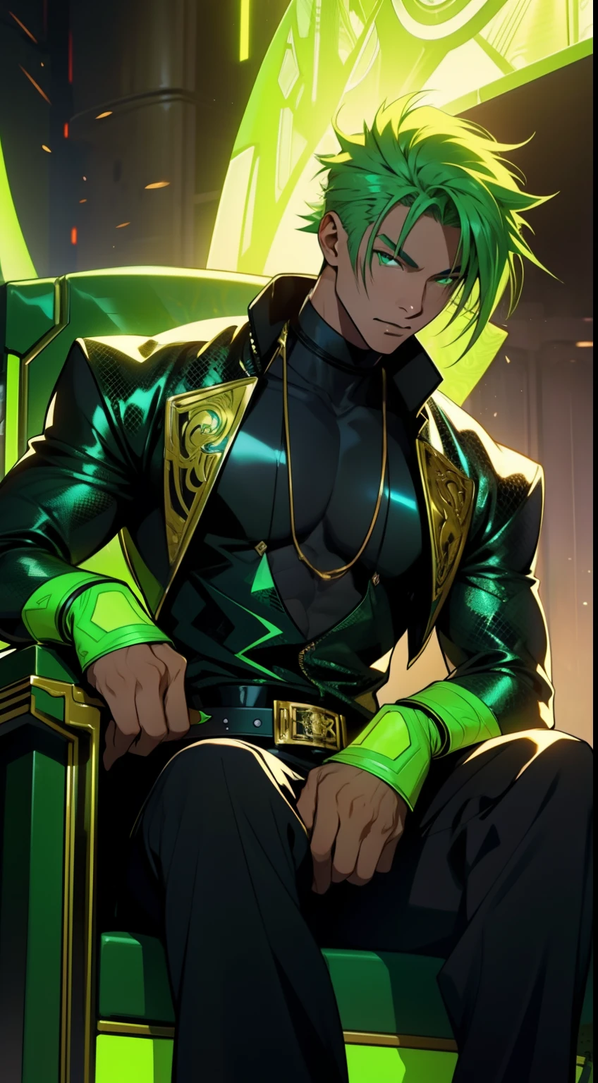 Blasian man, glowing green eyes, powerful,  lime green hair, male, anime style, 4k image, looking up, epic, cinematic, ground level shot, hot,  snakeskin leather futuristic throne room background , wearing shiny glowing academia outfit, insanely detailed, cool details