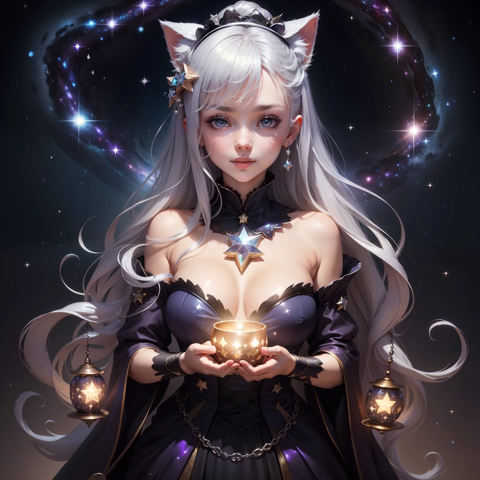 Lots of silver stars and rivers twinkling Glitter and seductive Galaxy like a jewel box You can also see large galaxies and the Milky Way shine beautful view Cute cat-eared witch girl Like a fortuneteller Mysterious Halloween motif