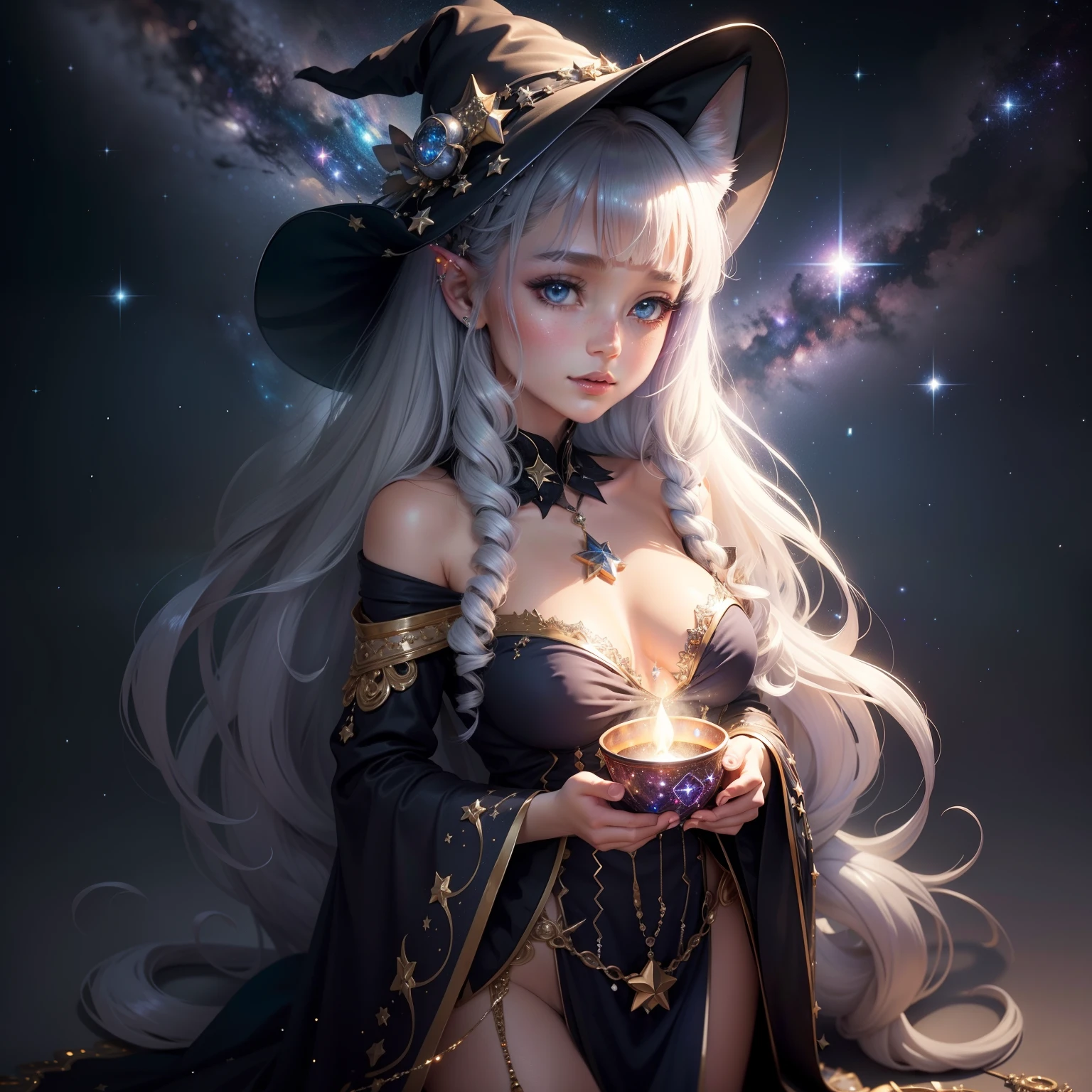Lots of silver stars and rivers twinkling Glitter and seductive Galaxy like a jewel box You can also see large galaxies and the Milky Way shine beautful view Cute cat-eared witch girl Like a fortuneteller Mysterious Halloween motif