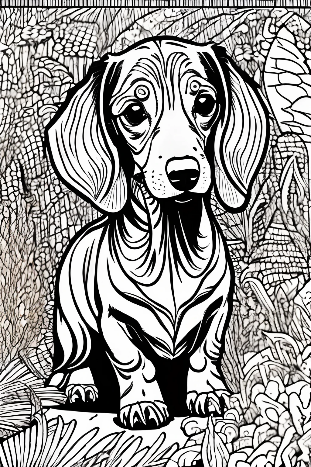 Coloring book of a Dachshund dog, estilo dos desenhos animados, linhas grossas, sem cor, fundo branco, Apenas linhas