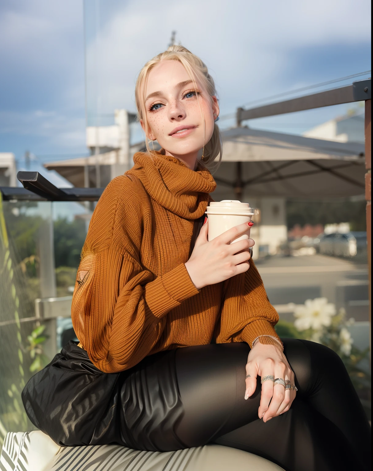 Rosto de uma mulher, americana, 25 anos, pale skin and freckles, olhos cinzas, nariz delicado, soft and delicate lips, cabelo blondie cinza ponytail, sorriso meigo
