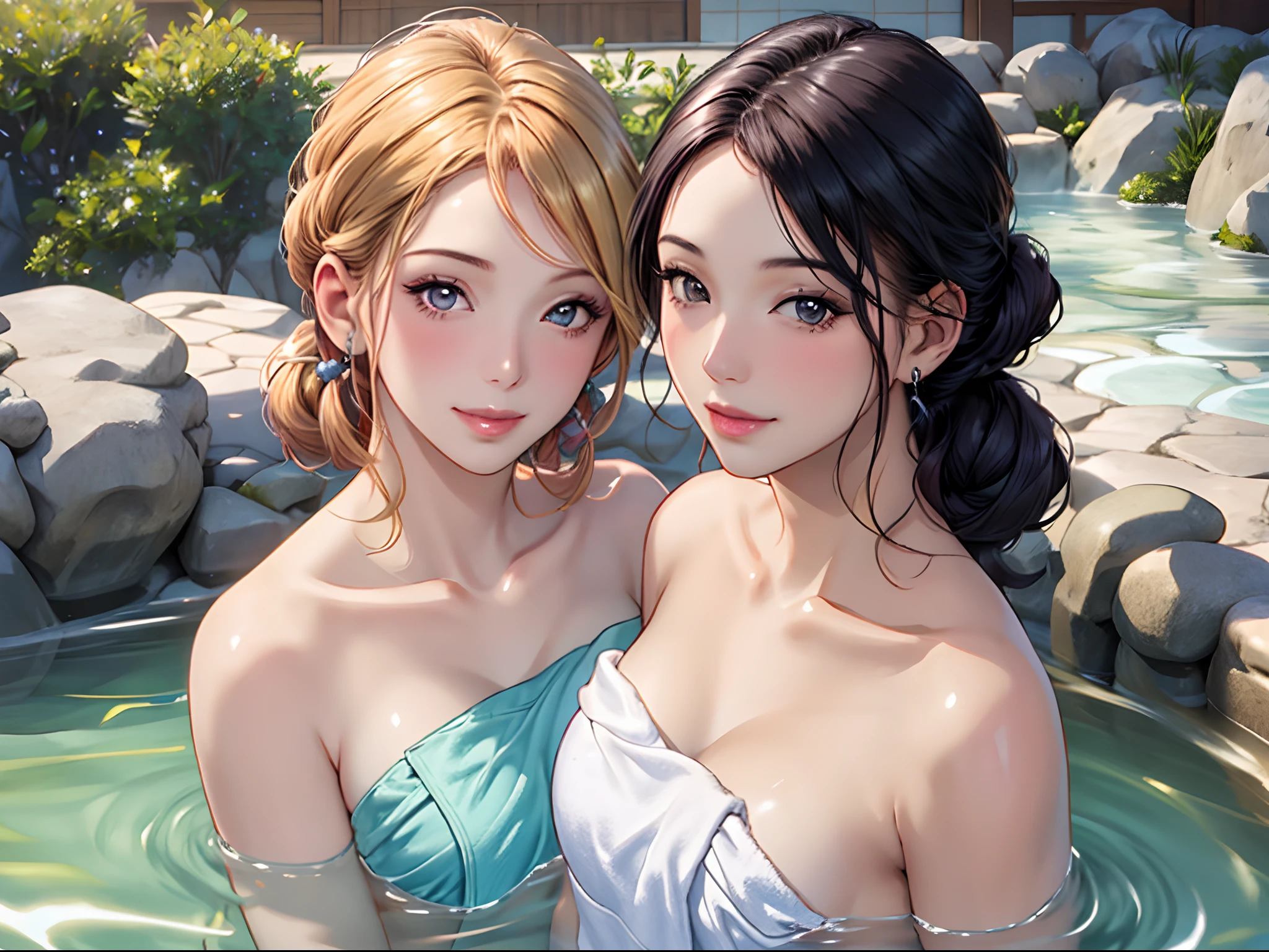 ultra 8k cg, picture-perfect face, perfect face, beautiful face, realistic, hyperrealistic, masterpiece, high quality, best quality, flawless, clean, all intricate, (2girls aligned), couple, shiny glossy skin, (towel:1.2), (various haircolor), (various hairstyle) Bathing in the hot springs, Open-air bath in summer,  flat chest, looking at viewer, gentle smile