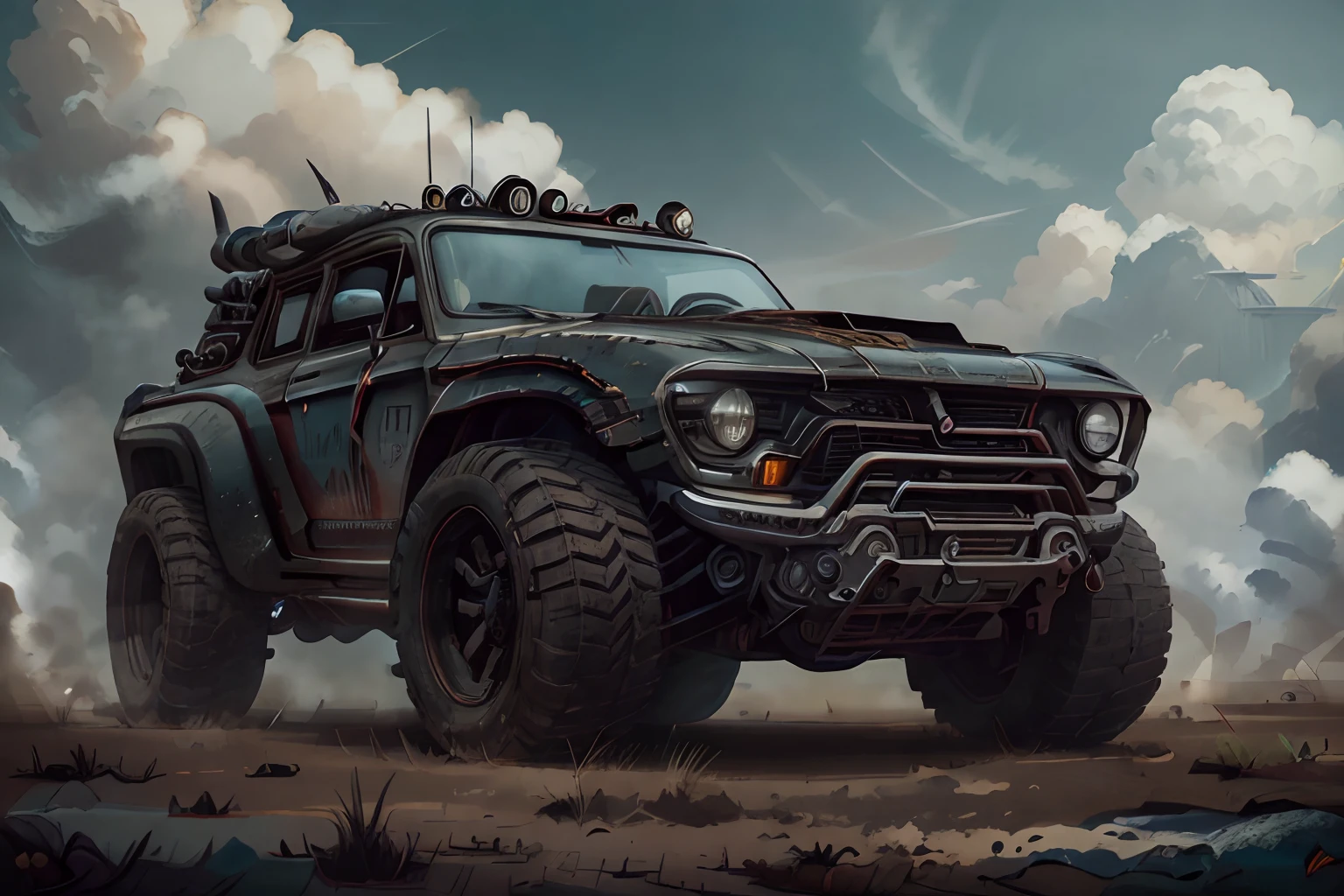 Create a cinematic, filmic image 4k, 8k with [George Miller's Mad Max style]. The image should be captured in a [wide-angle view] and depict [single] a [post-apocalyptic]  V8 [muscle car]. The car's paint is a [black] covered in a spots of [rust] and thin layer of smooth [dust] and [dirt], making it appear [rugged] and [gritty] but with visible [black color]
The car's body should be [sleek] and [aerodynamic], giving it a [low] and [aggressive] stance that conveys [power] and [speed]. The front of the car should feature a [distinctive] front nose cone with [rectangular lights] that adds to its [intimidating] appearance. The car's wheels should be [large] and [sturdy], with [thick] tires that can handle the [rough] terrain of the [post-apocalyptic] wasteland. The rims should be made of [durable] metal with a [unique design] that showcases the car's [individuality].
In addition, the car should have [eight exhaust side pipes]. The car should also feature a Weiand 6-71 [supercharger] mounted on the hood, protruding through the bonnet.
Car should be designed to look both [powerful] and [functional], built to withstand the [harsh] conditions of the [post-apocalyptic] wasteland.
The image should be [ultra-realistic], with [high-resolution] captured in [natural light]. The lighting should create [soft shadows] and showcase the [raw] and [vibrant colors] of the car. The image should be a highly-detailed photography set in a [post-nuclear], [fallout] like setting, conveying a sense of [danger] and [grittiness]. The final image should be a [masterpiece], with a [realistic portrayal] of the Interceptor that is both [intimidating] and [awe-inspiring]. Background should contain [empty desert highway], image takes place before the storm, with the [hot summer sun] still shining brightly in the sky, but in the distance, the sky is a [dark and foreboding shade of blue], hinting at an impending storm