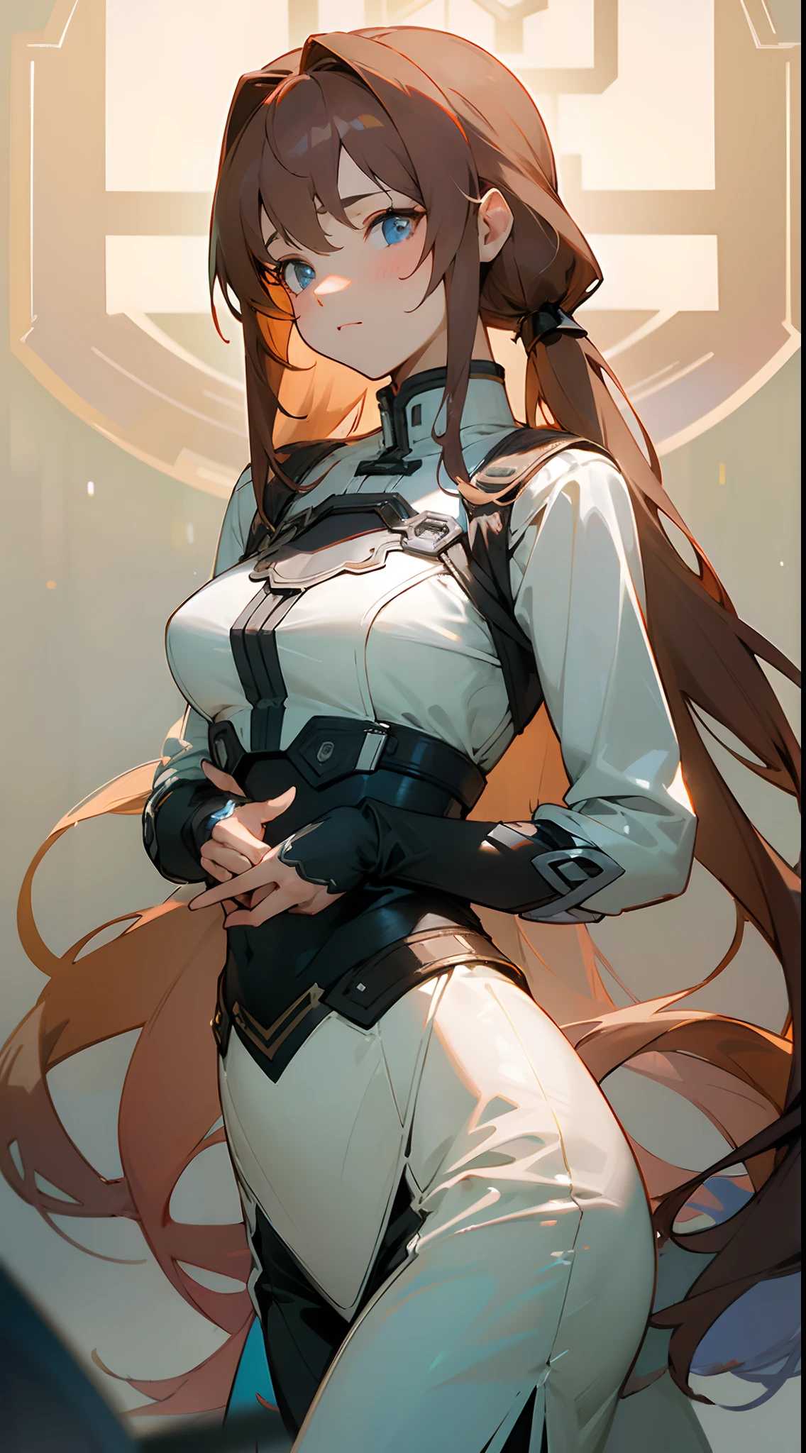 (masterpiece, best quality:1.3),beautiful detailed glow,best illuminate,(((best quality,textile shading,ultra detailed))),extremely detailed CG unity 8k wallpaper,Highly Detailed beautiful and aesthetic,best light,high resolution,detailed,dynamic lighting , mix of sword art online and futuristic style clothes , A stunning woman , extremely long hair , reddish ￼brown hair , hair in pig tails , straight hair , light blue eyes , large chest , wearing a tight skirt, ￼age 34