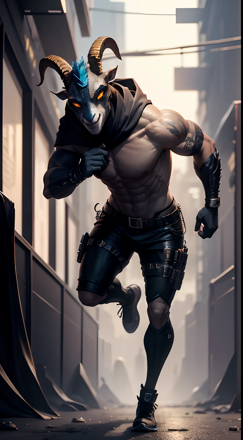 goat mask creature, thief style, diamond thief, cyberpunk style, solo, full body, running, masterpiece, ultra high quality, ultra face details