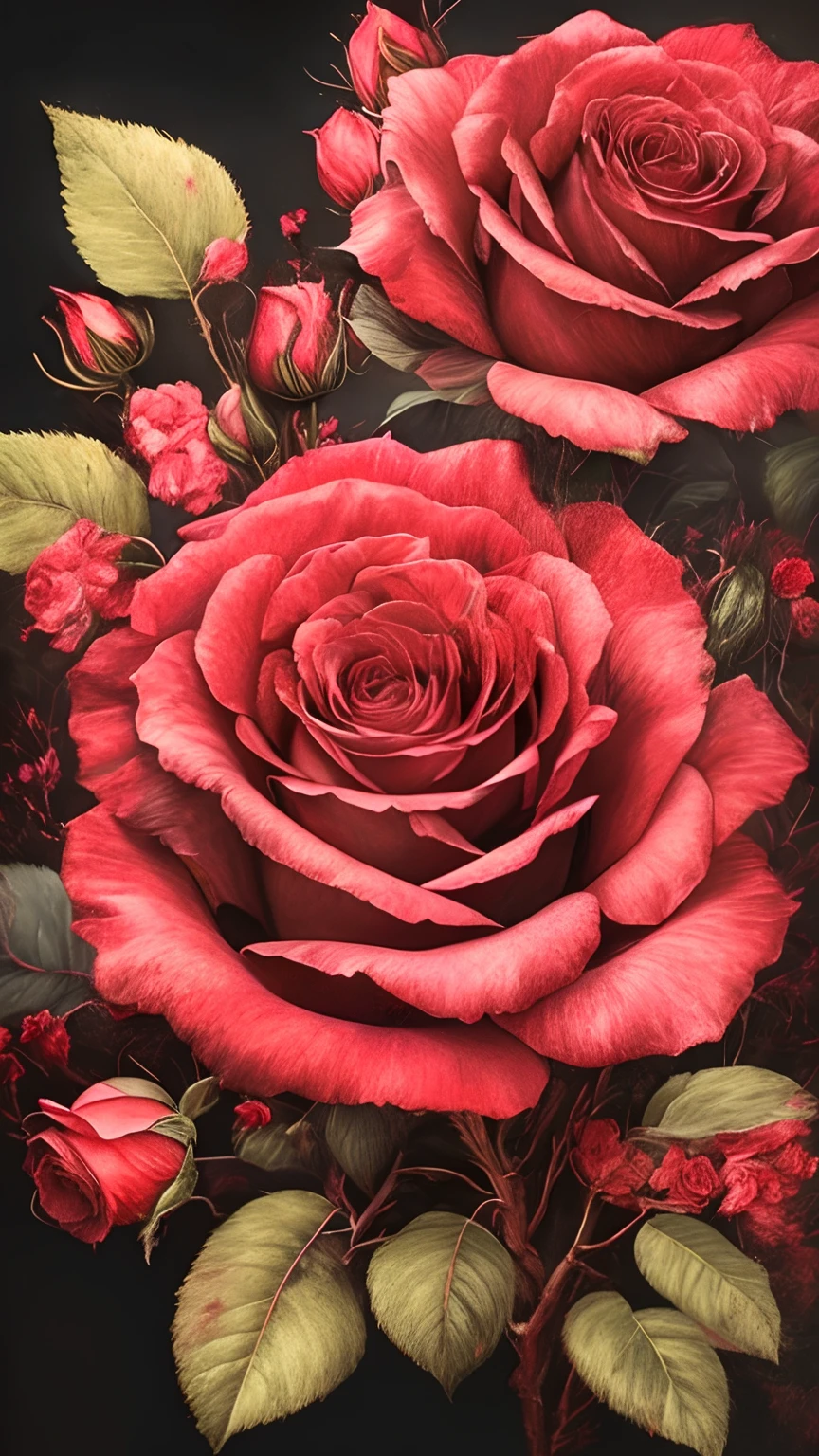 um close up de uma pintura de rosas em um fundo preto, rosas explodindo, she is the queen of black roses, Rosses, ✏️🎨, Roses, vibe de flores vermelhas celestiais, rosas vermelhas, escuro e intrincado, flores escuras, flores detalhadas, rosas neon vermelhas, 8k highly detailed ❤️🔥 🔥 💀 🤖 🚀