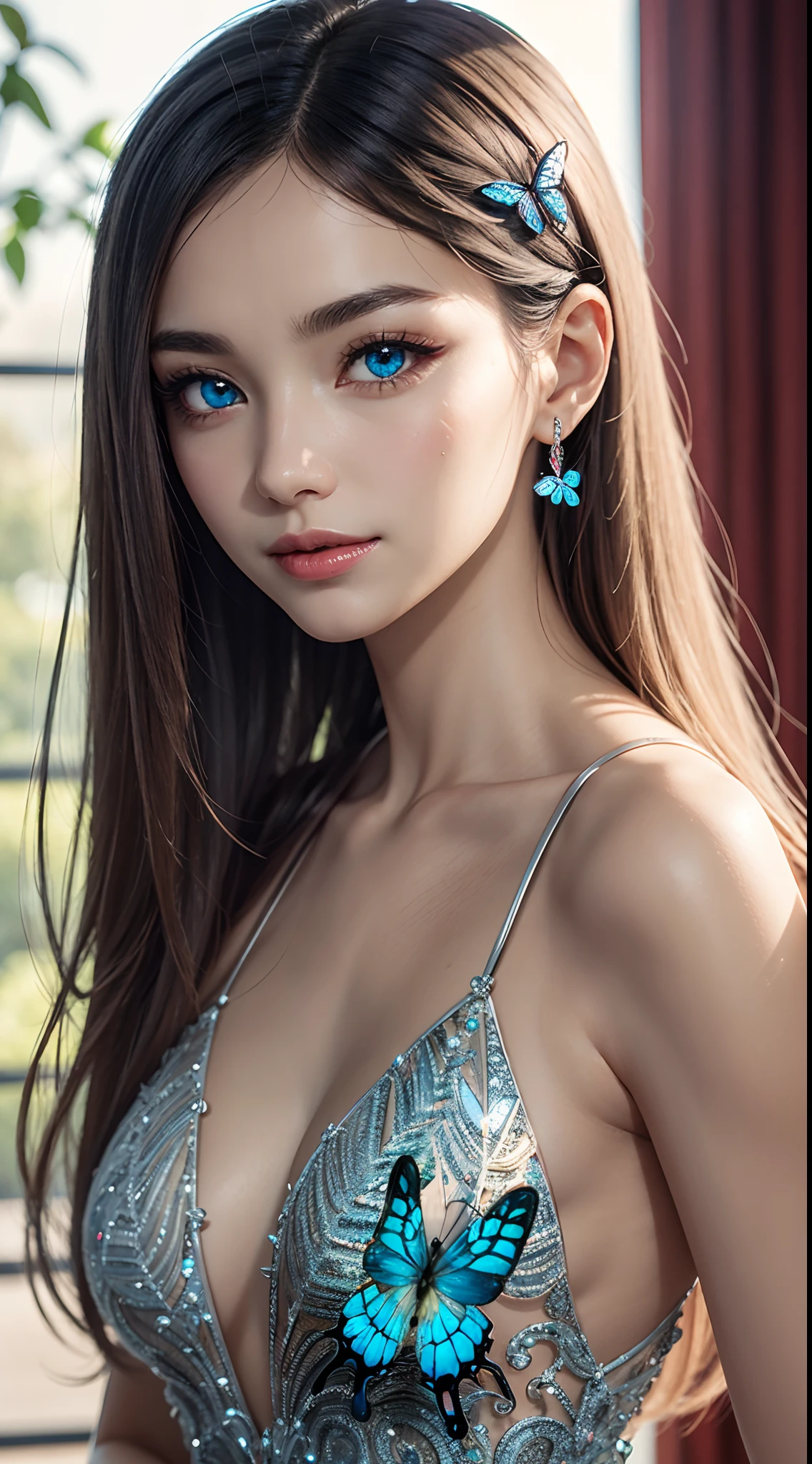 16k high quality wallpapers，Surrealist broken glass photo（Detailed eyes,Long eyelashes,Bright and colorful iris,Expressive eyebrows,Blend eyeshadow perfectly,Eyes sparkle,Reflective eyeballs，Heterochromia），（Silver-blue long-haired girl 0.8 lots of hair 1。3 Delicate hair 1。2）,（Long transparent dress，floral patterns：1.4，），（Gorgeous and delicate glowing little butterfly hair ornament，brilliant colorful，Fine engraving，Shine brightly，The attention to detail，The jewelry is of high quality，Extremely high image quality）White Skin Skin，Seductive smile emoji，Close-up shot