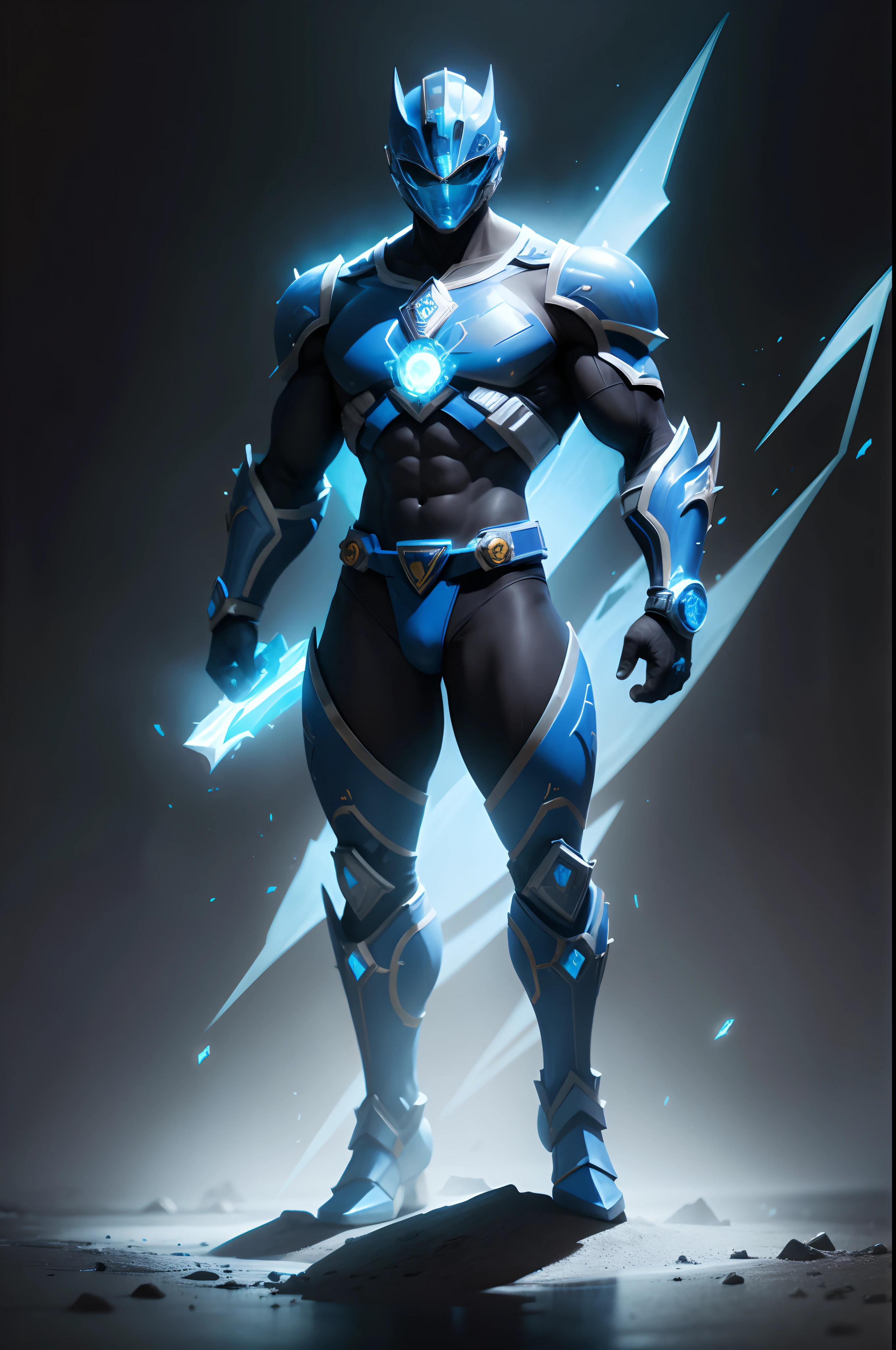 create a blue power ranger ,  full body , mythic , black background ,a bit ancient theme