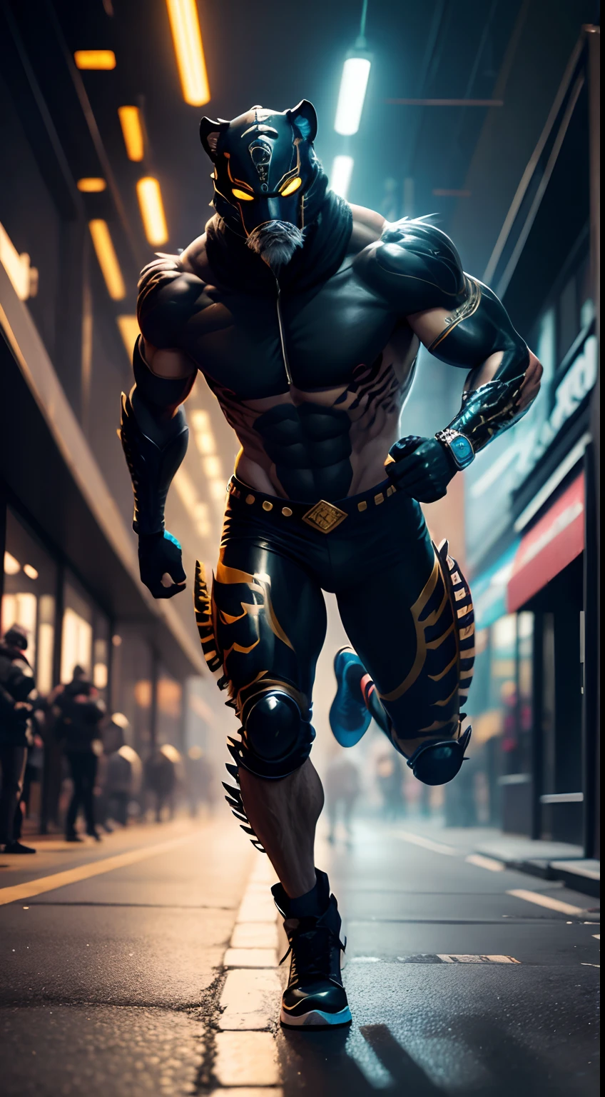 dabi standing in the distance on a tokyo street with blue flames burning around, sky scrapers in the distance, masterpiece, bestquality, night time, beautiful lighting, highly detailed, dynamic angle, blue flames all around, #quality, 8K, wallpaper of extremely detailed face, top-quality, golden ratio, male, high quality face, detailed