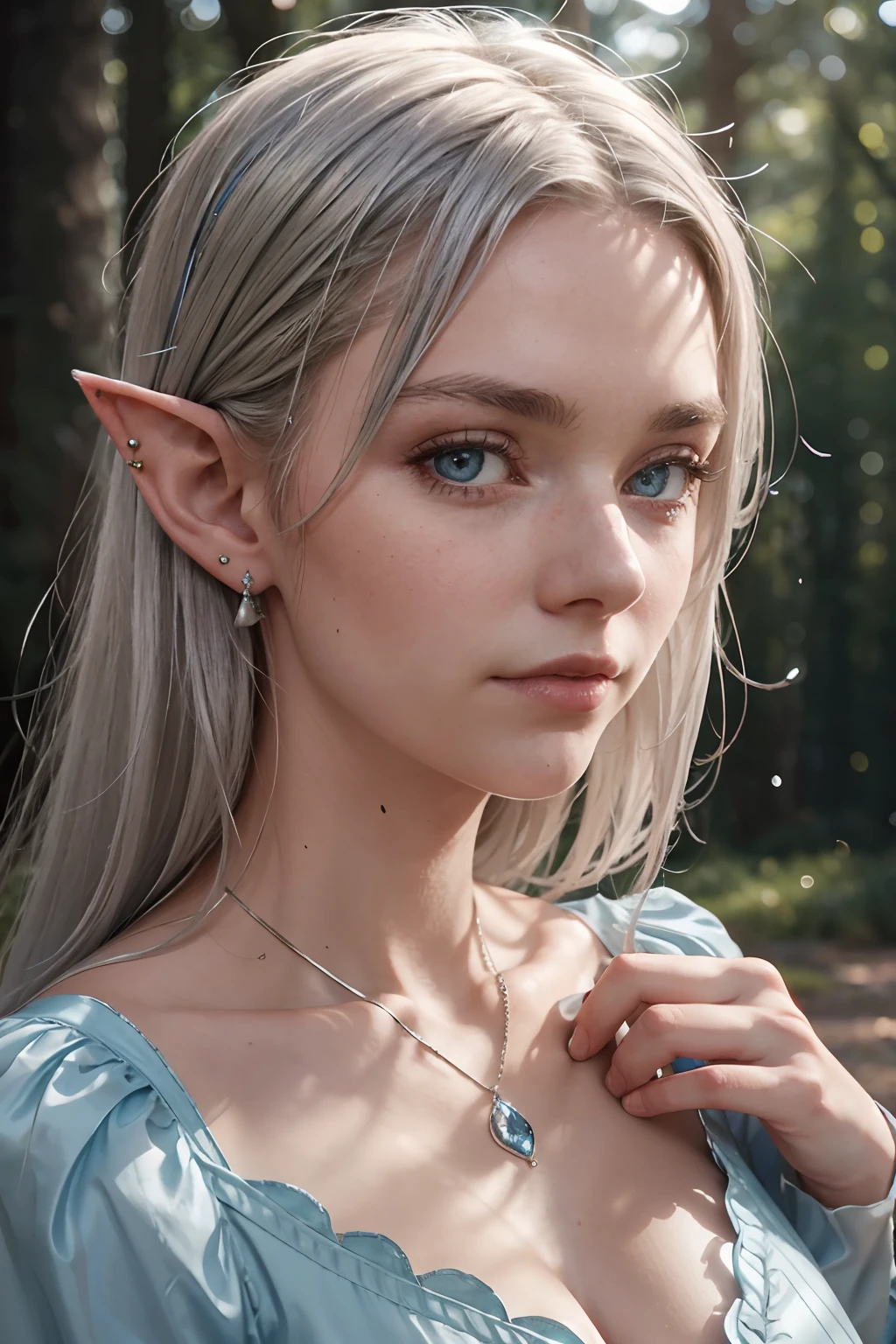 portrait of swedish girl,cute and beautiful face,elf,pointy ears,ear piercing,20yo,silver hair, blue dress,fantasy,forest, looking at viewer, diffused soft lighting, shallow depth of field, sharp focus, cinematic lighting