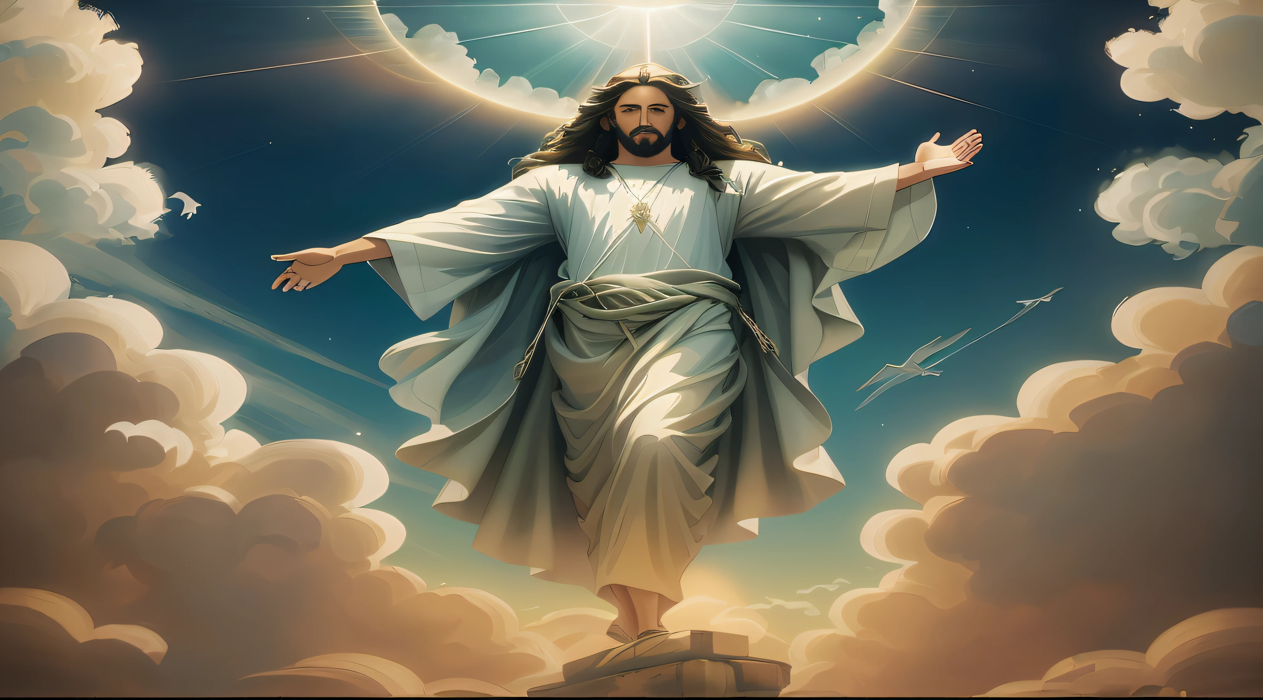 jesus is flying through the clouds with his arms outstretched, Jesus Cristo, Jesus, deus raios solares, Jovem Deus Todo-Poderoso, Vestido como Jesus Cristo, Raios de Luz Sagrada Sagrada, Retrato de um Deus Celestial, arte conceitual de deus, Retrato de Jesus Cristo, Jesus walking on water, Deus do Sol, imagens sagradas, Segunda vinda, jesus of nazareth