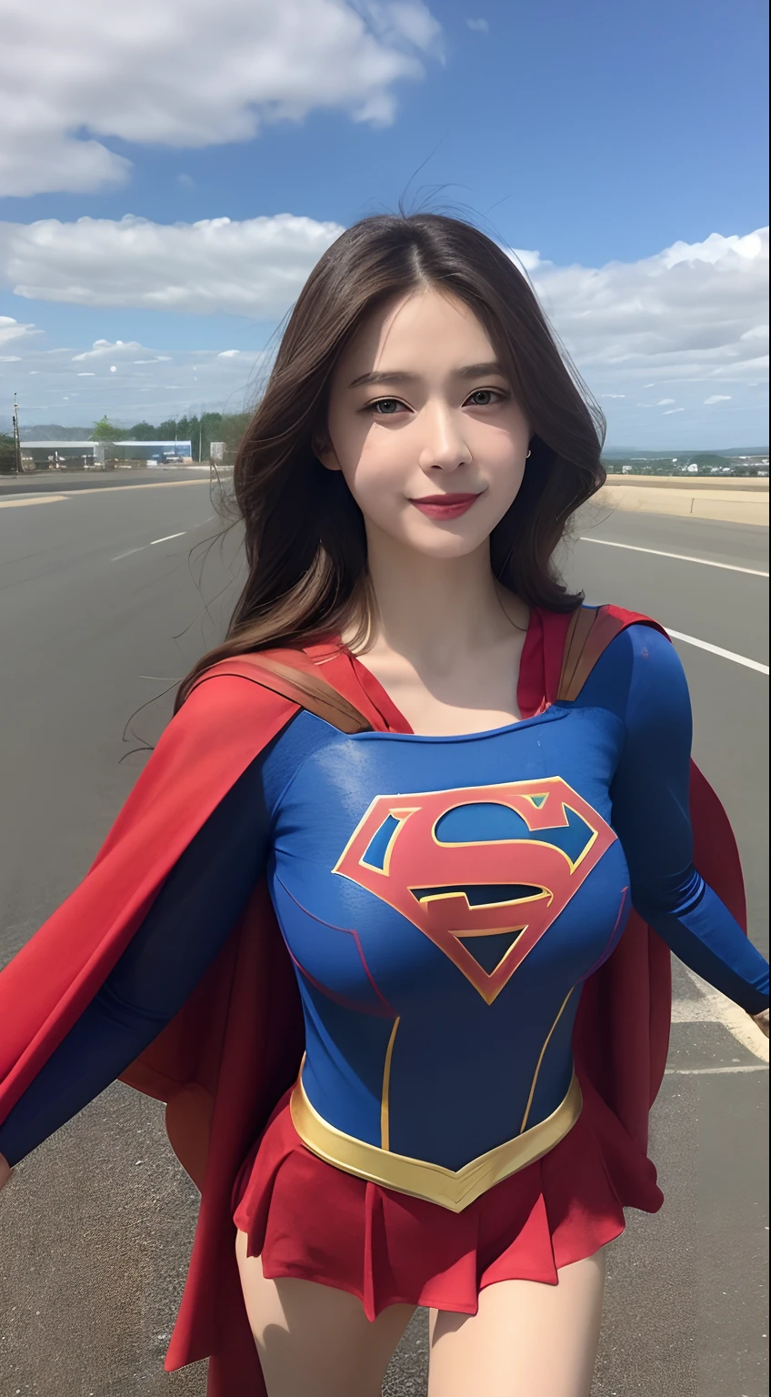 （((Supergirl Costume))）、(during daytime、excellent、8K、​masterpiece:1.3)), full body Esbian, Long feet, Focal length: 1.2, Perfect Body Beauty: 1.4, Slim abs: 1.1, ((dark brown hair, Colossal tits: 1.2 )),  ((city, Blue sky, white clouds: 1.3)), Detailed face and skin texture, Detail Eye, 二重まぶた, Flying Longhair