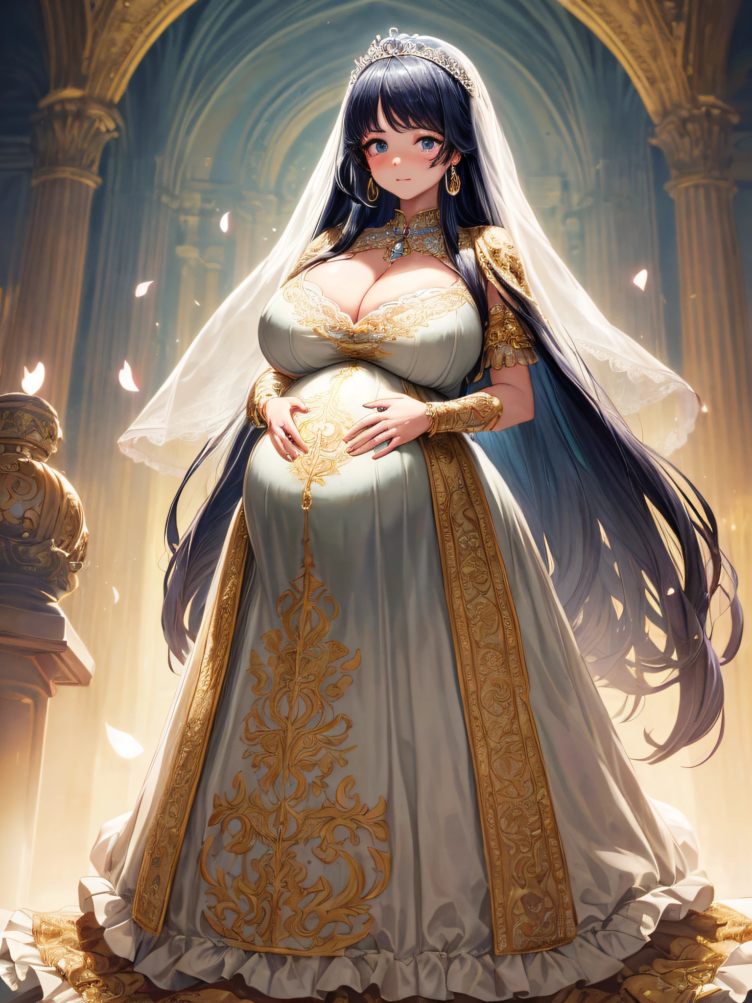 (masterpiece, best quality,extremely detailed:1.1),(moe anime art style:1.2),1girl,((full body,focus face)),((solo)), cute, kawaii,digital art,((1 bling-bling pregnant princess wearing beautiful embroidery and jeweled gorgeous rococo ballgown with jeweled voluminous full length hoop skirt)),(((heavily pregnant))),very big pregnant belly,((crinoline)),long train,voluminous frills,See-through,(gorgeous embroidery and beautiful lace),((very gigantic boobs,skindentation)),cleavage,shiny hair,(((very long straight hair,large amount of straight hair))),((embarrassed)),anguish,((finely detailed face and eyes)),clear pupil,extremely gorgeousfull hair ornament,(bling-bling jeweled extremely gorgeousfull tiara),(bling-bling gorgeous gemstone jewelry),long veil,beautiful background,fantasy background,flowers,flower petals flowing,full body,((beautiful embroidery and jeweled ruffled gorgeous rococo ballgown with voluminous full length hoop skirt))