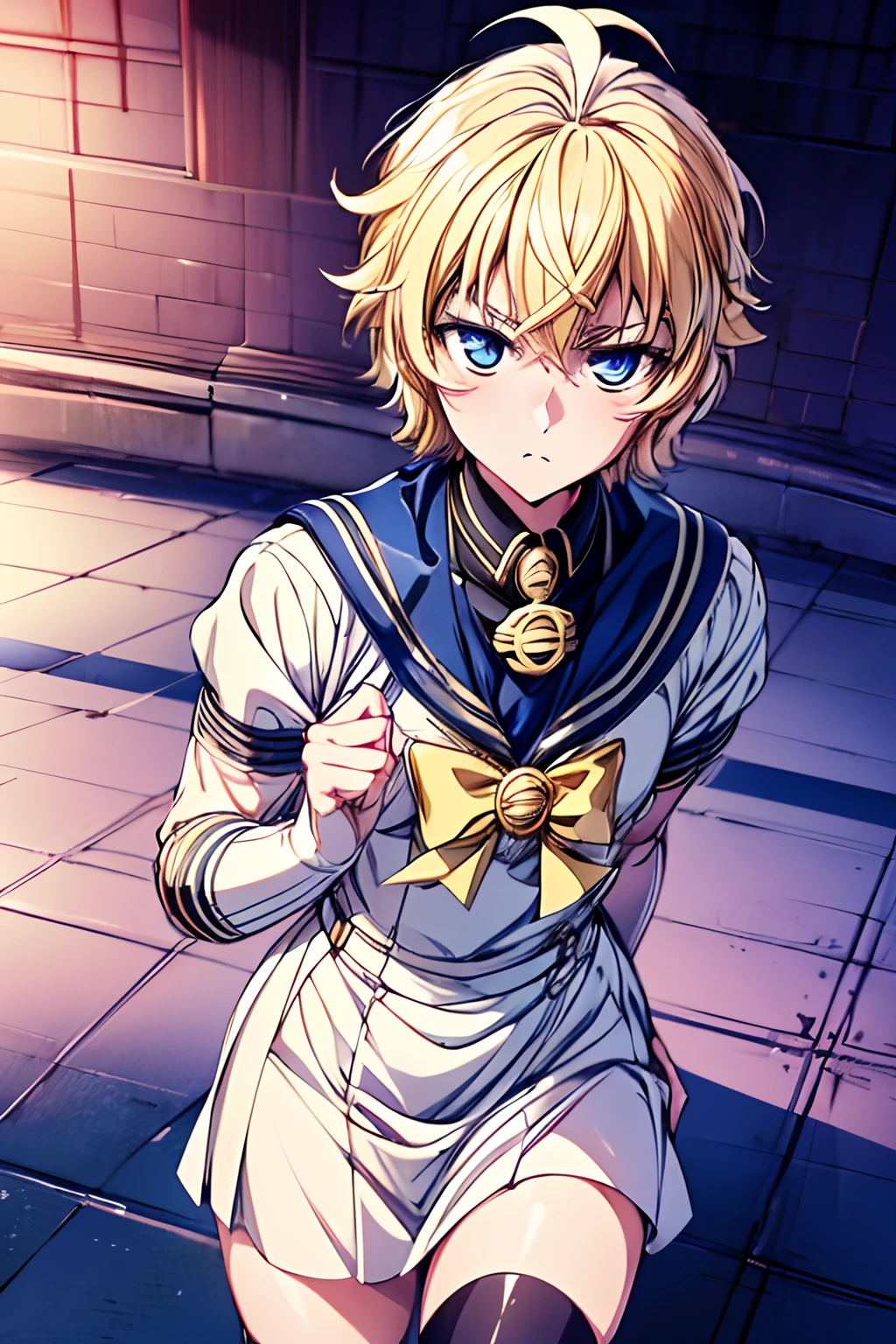 "(Best Quality,4k,8K,hight resolution,Masterpiece:1.2),(Masterpiece), Best Quality, expressive eyes, a perfect face, male, 1boy,solo, sailor moon dress, blusher, seifuku, Michaela, Mikaela Hyakuya, Michaela's outfit, blonde, blue eyes, Short hair, blusher