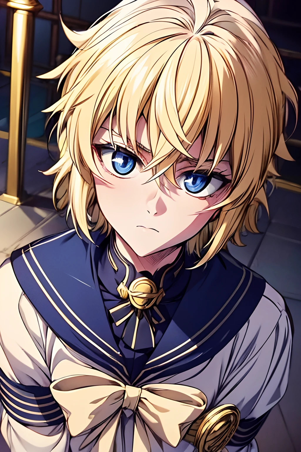 "(Best Quality,4k,8K,hight resolution,Masterpiece:1.2),(Masterpiece), Best Quality, expressive eyes, a perfect face, male, 1boy,solo, sailor moon dress, blusher, seifuku, Michaela, Mikaela Hyakuya, Michaela's outfit, blonde, blue eyes, Short hair, blusher